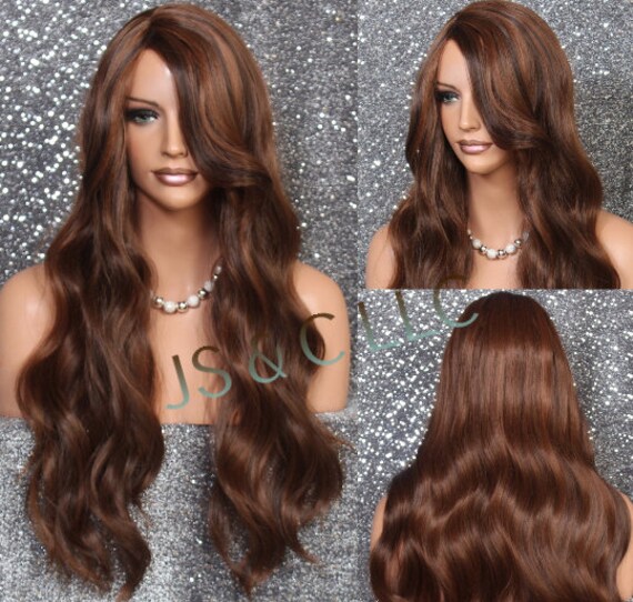Natural Human Hair Blend Wig Brown Auburn Mix Extra Long With Bangs Side Parting Heat Ok Cancer/Alopeica/Cosplay