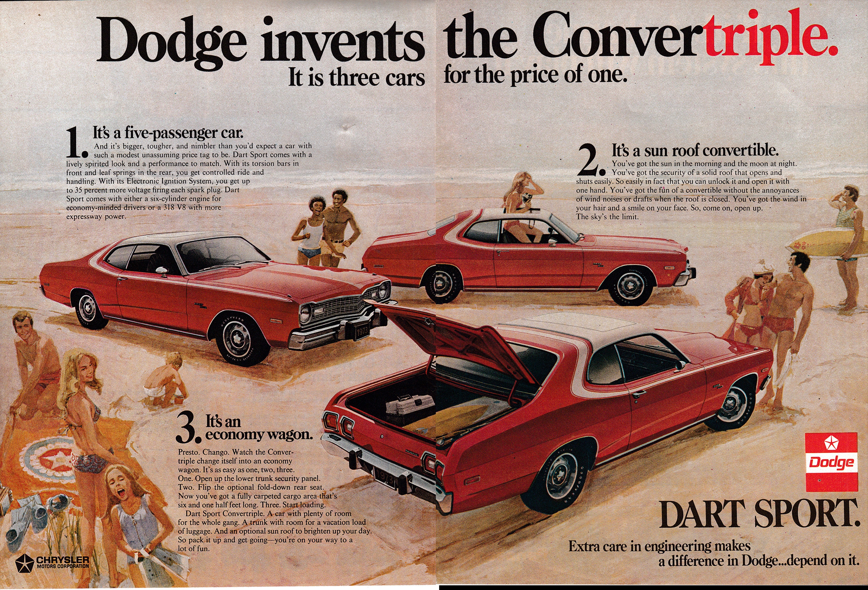 1972 Dodge Dart-Sport-Convertible-Wagon-Convertriple Original 2 Page Magazine Ad