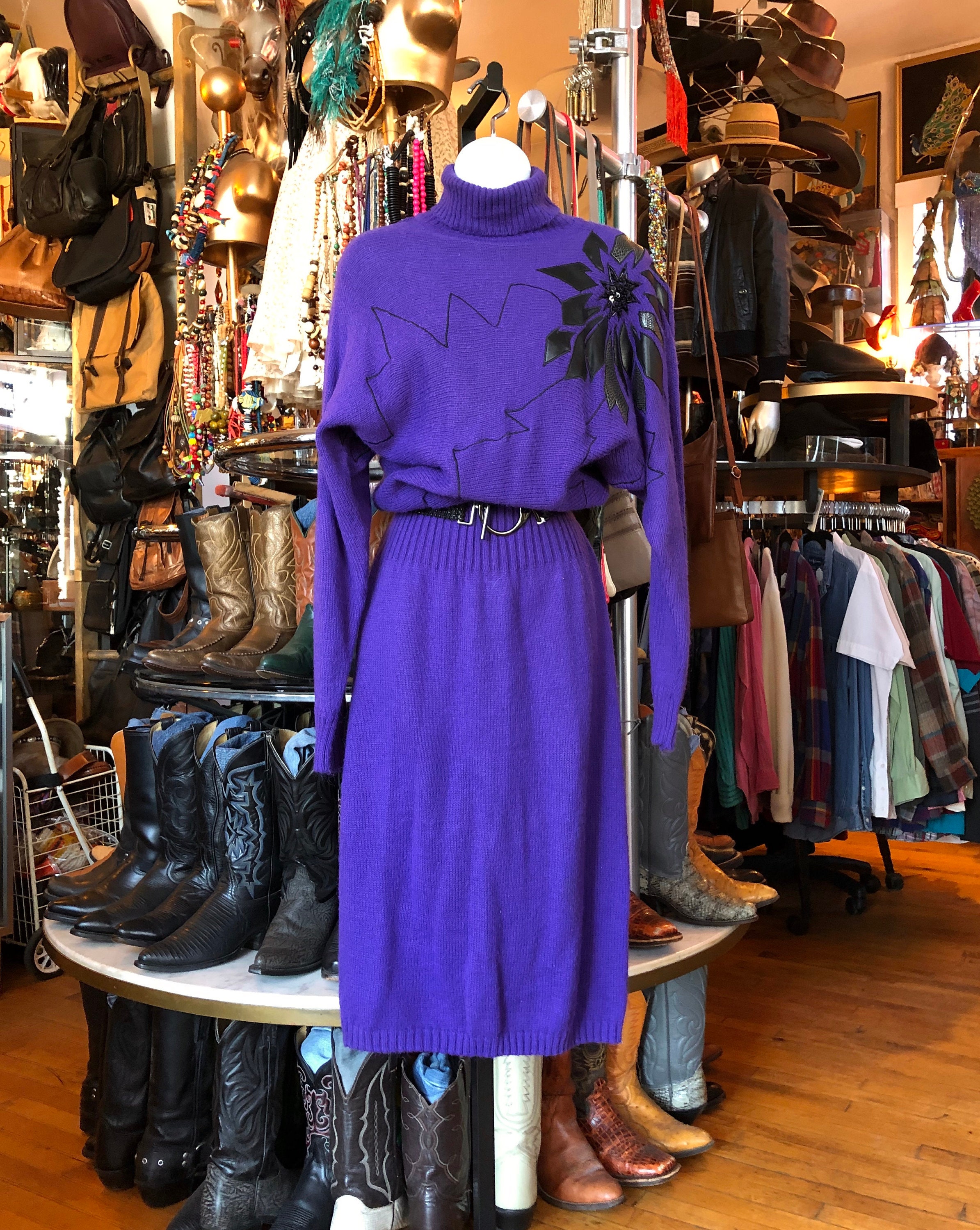 80's Purple Acrylic Blend Dress With Black Vegan Leather Appliqu, Beads, Sequins Women's Large