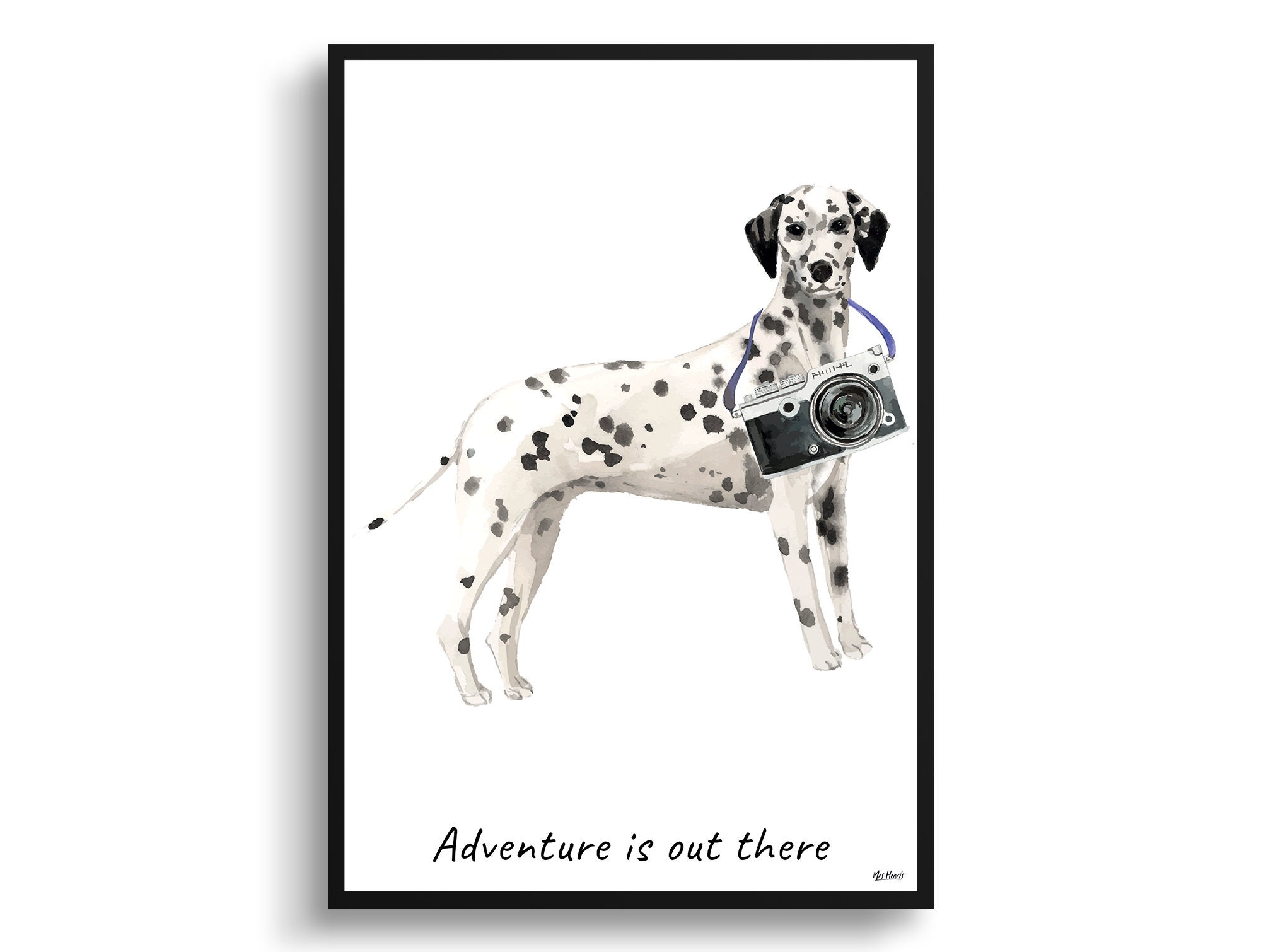 Adventure Is Out There Dalmatian Dog Print Illustration. Framed & Un-Framed Wall Art Options. Personalised Name