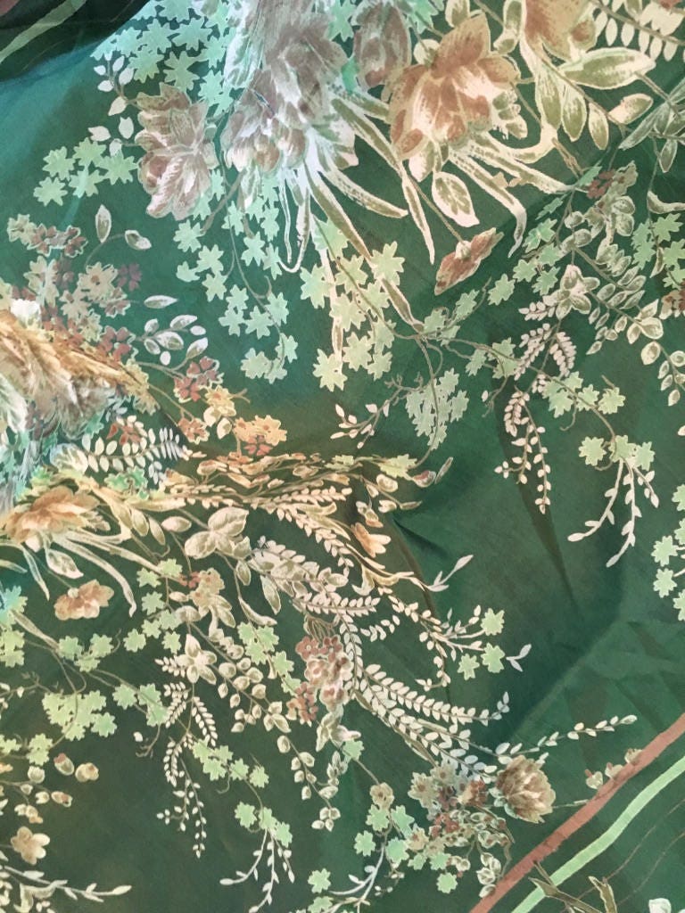 Silk Blend Sari, Green Printed Floral Sari, Green & White Brown Flower Design Saree, Silk Blend, Gorgeous Soft Flowy