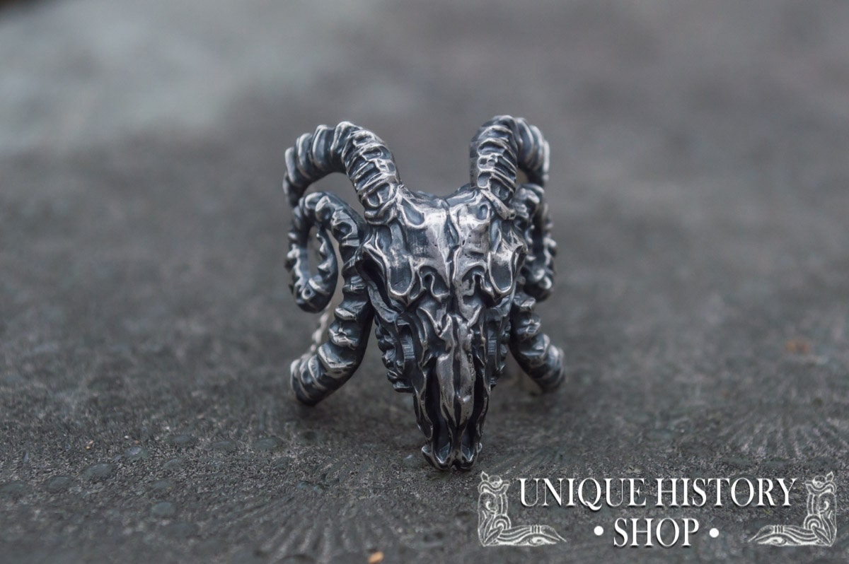 Handcarved Ram Skull Ring, Handmade Sterling Silver Animal Unique Handcrafted Biker Jewelry, 925 Ring