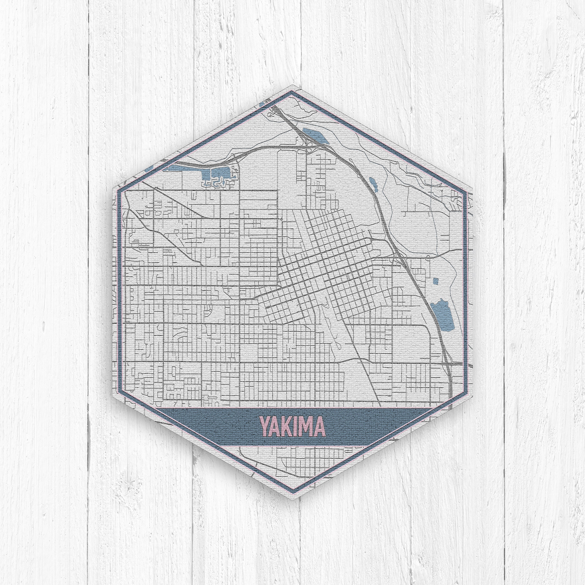 Yakima Washington Street Map, Hexagon, Gray & Blue Print, Hexagon Canvas City Map