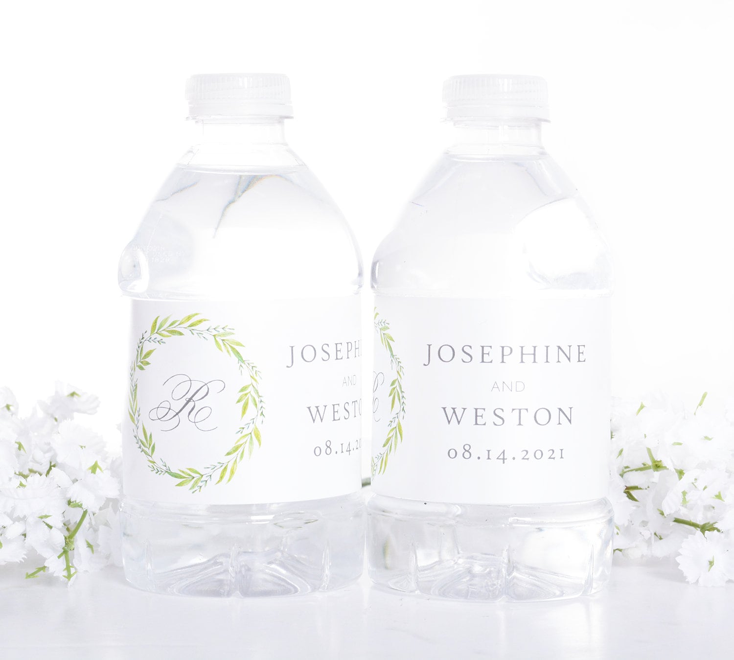 Wreath Wedding Bottle Labels, Waterproof Stickers, Monogram Wraps, Bottled Water Labels #wdiw-350