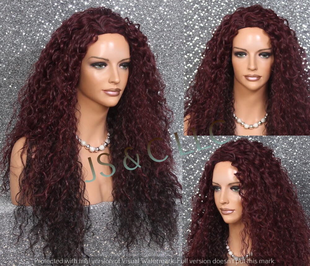 Burgundy Mix Human Hair Blend Curly Wig Side Part Shorter Front Heat Ok Cancer/Alopecia/Cosplay/Theater Anime Emo Bohemian