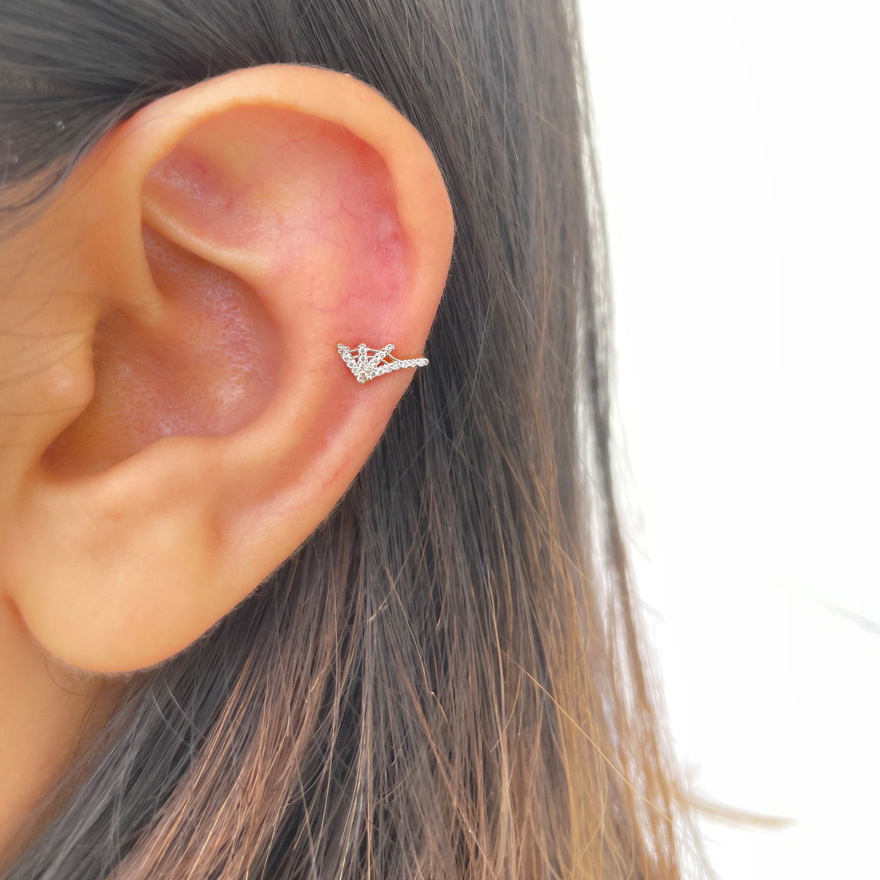 Dainty Diamond Earrings, Gold & Studs, Tragus Stud, Spider Web Earring, Conch Helix Rook Piercing
