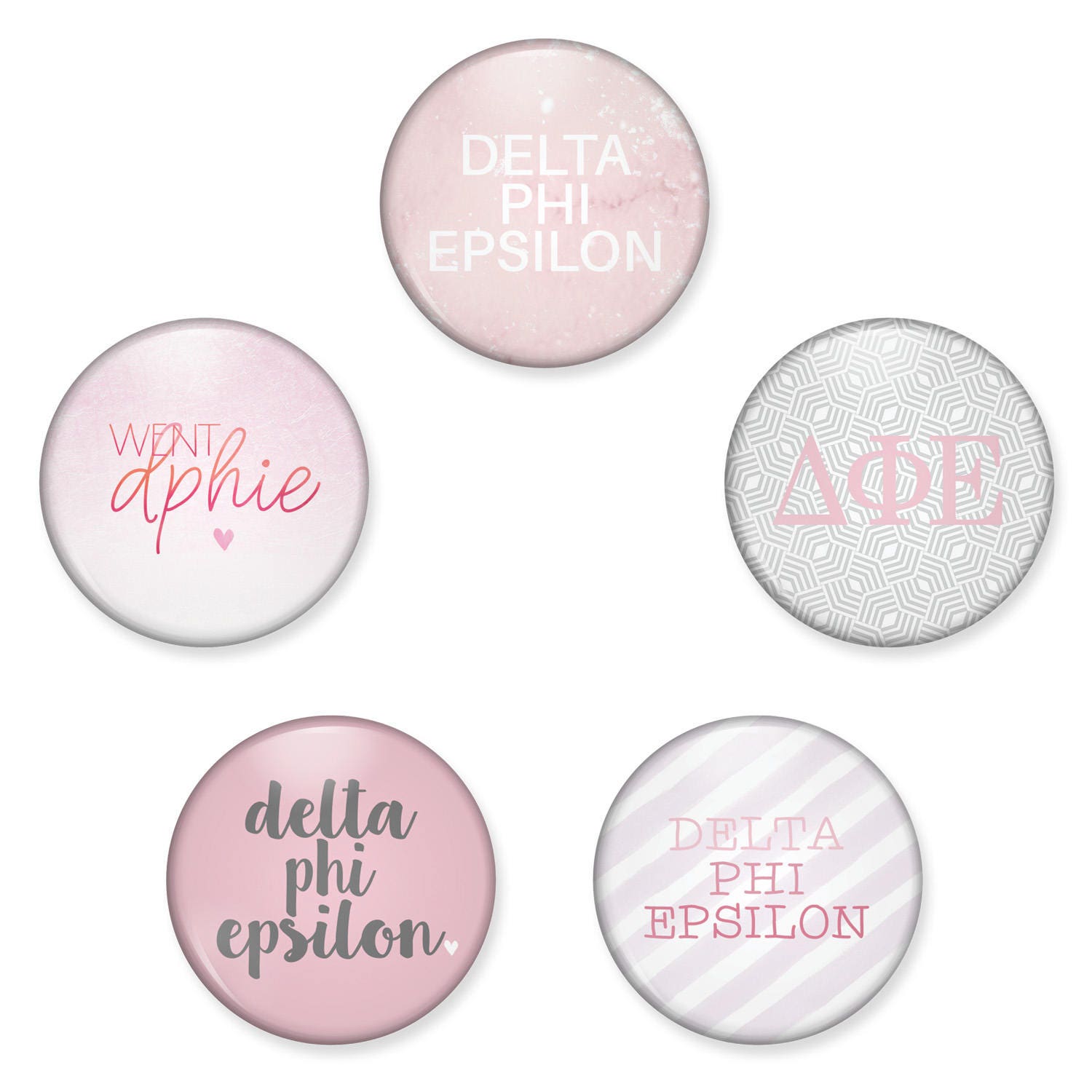 Delta Phi Epsilon Button Set, Dphie Pin Back Buttons, Sorority Pack, Deepher Magnet Magnet, Bid Day Gift