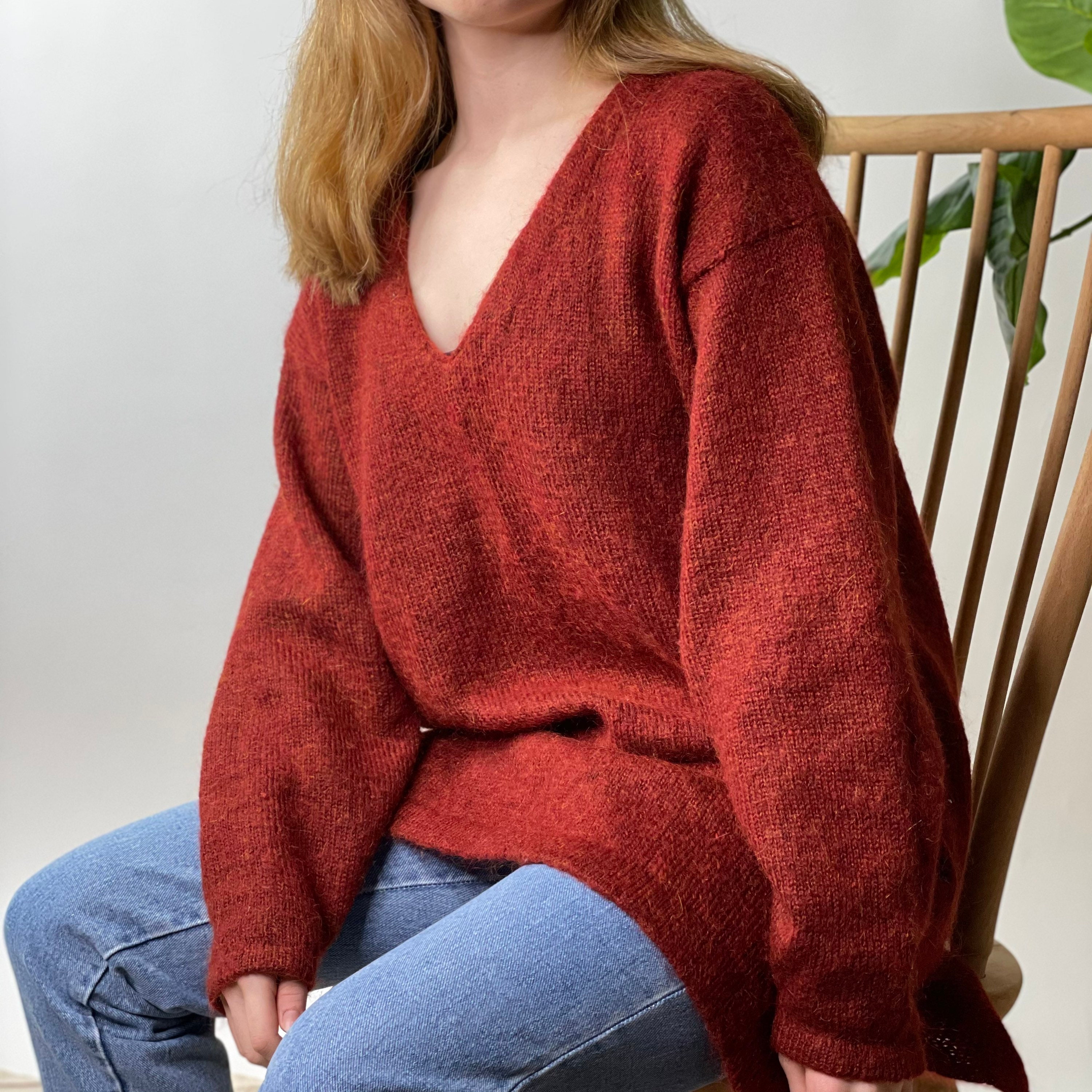 Vintage Oversized Rust Red Mohair Blend V Neck Sweater, Size Large