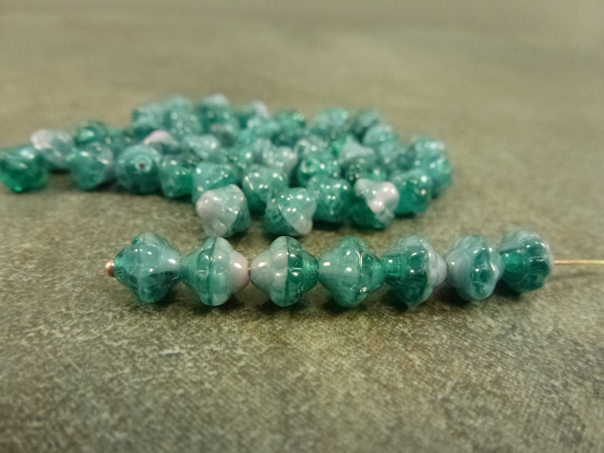 Teal Green & Light Pink Blend, Czech Glass Turbine Beads, 6mm, 50Pc, Etched Pressed Mulberry Saucer Rondelle