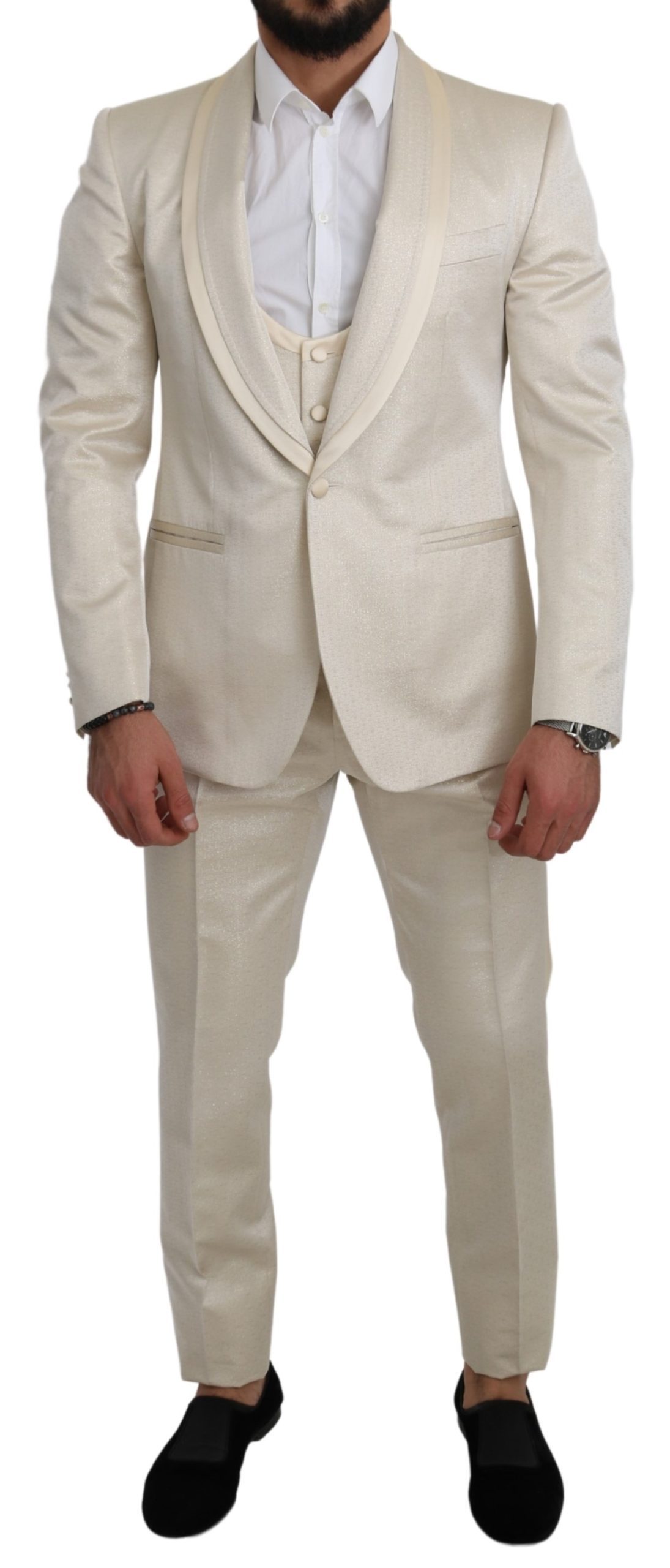 Dolce & Gabbana Men's Crème 3 Piece SICILIA Shawl Wool Suit White KOS1801 - IT50 | L