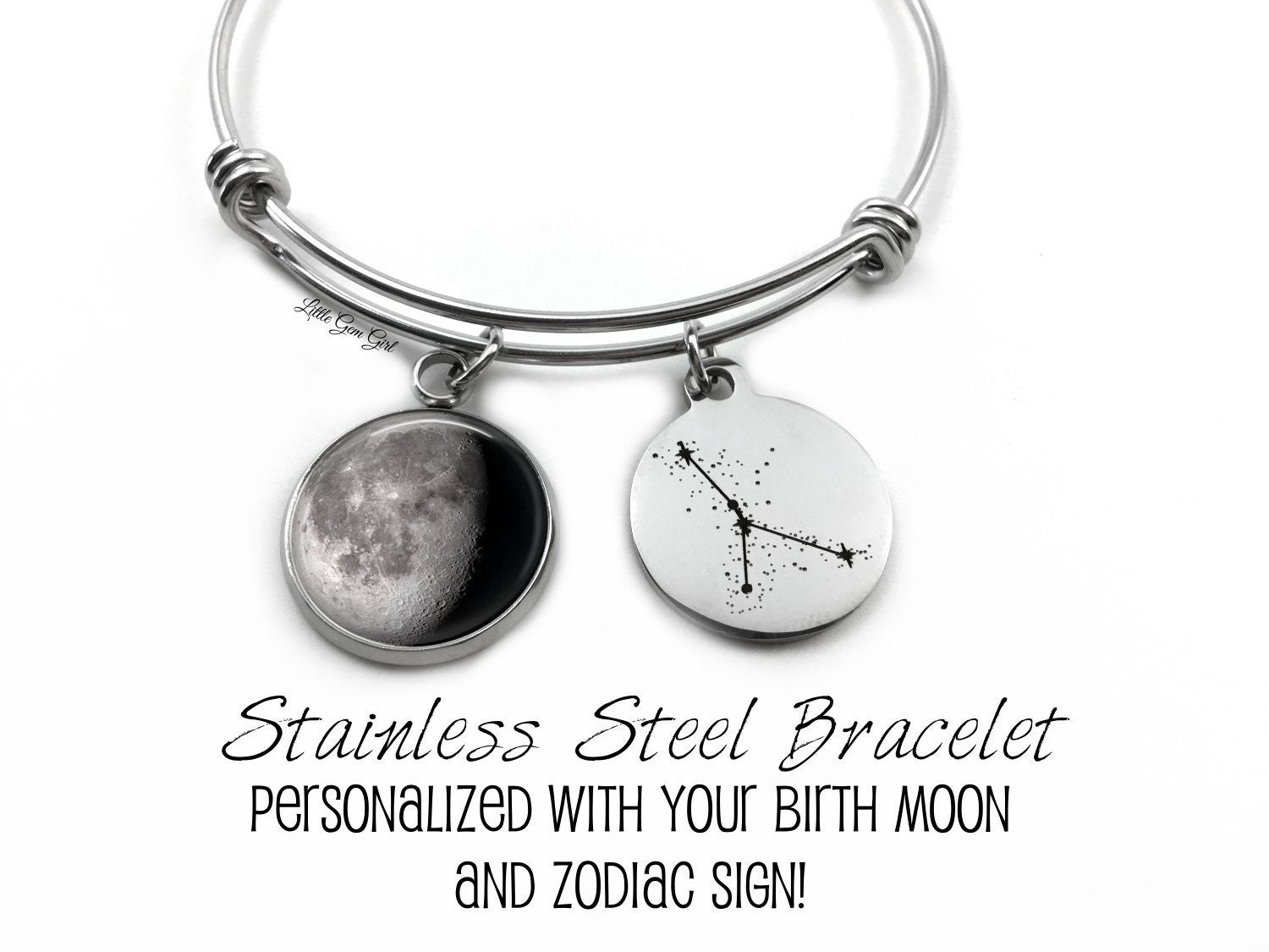 Stainless Steel Custom Birth Moon & Zodiac Constellation Bangle Bracelet - Sign Lunar Phase Charm