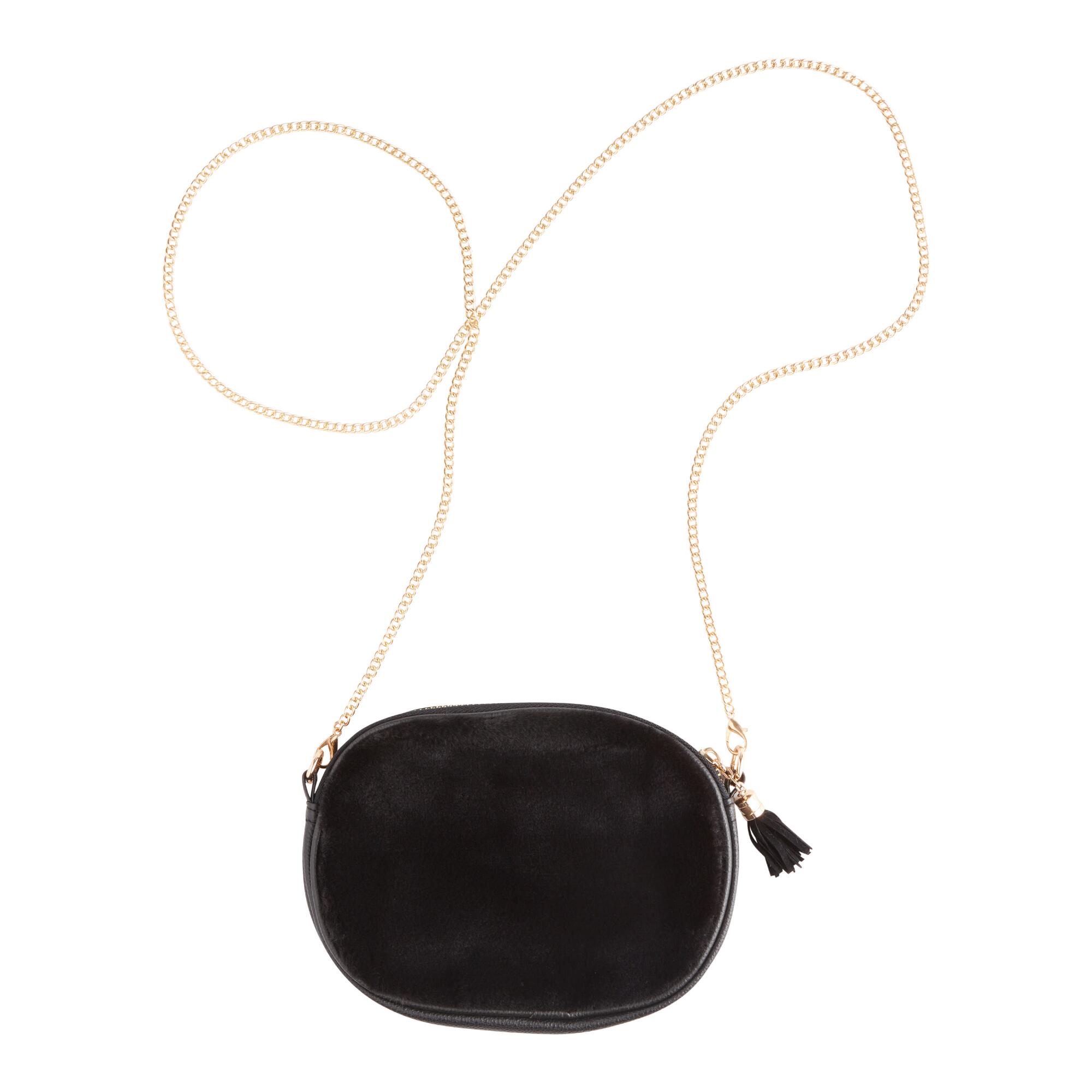 Black Faux Fur Crossbody Bag With Chain Strap - Polyester by World Market