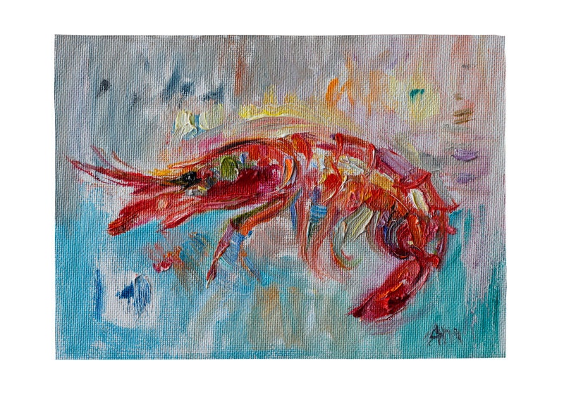 Red Prawn - Giclee Fine Art Print, Fishy Still Life Original Oil Painting Canvas Modern Kitchen Seafood Shrimp Crayfish Food Foodie Gift