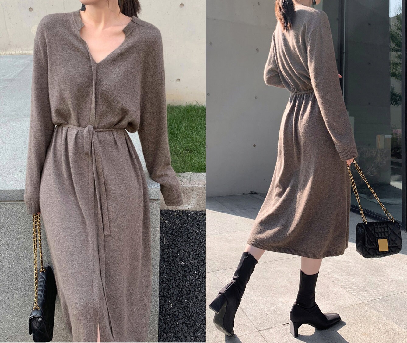 Women Knitted Cashmere/Cotton Blend Long Sleeve V-Neck Dress With Belt Very Soft & Comfortable Crus Length