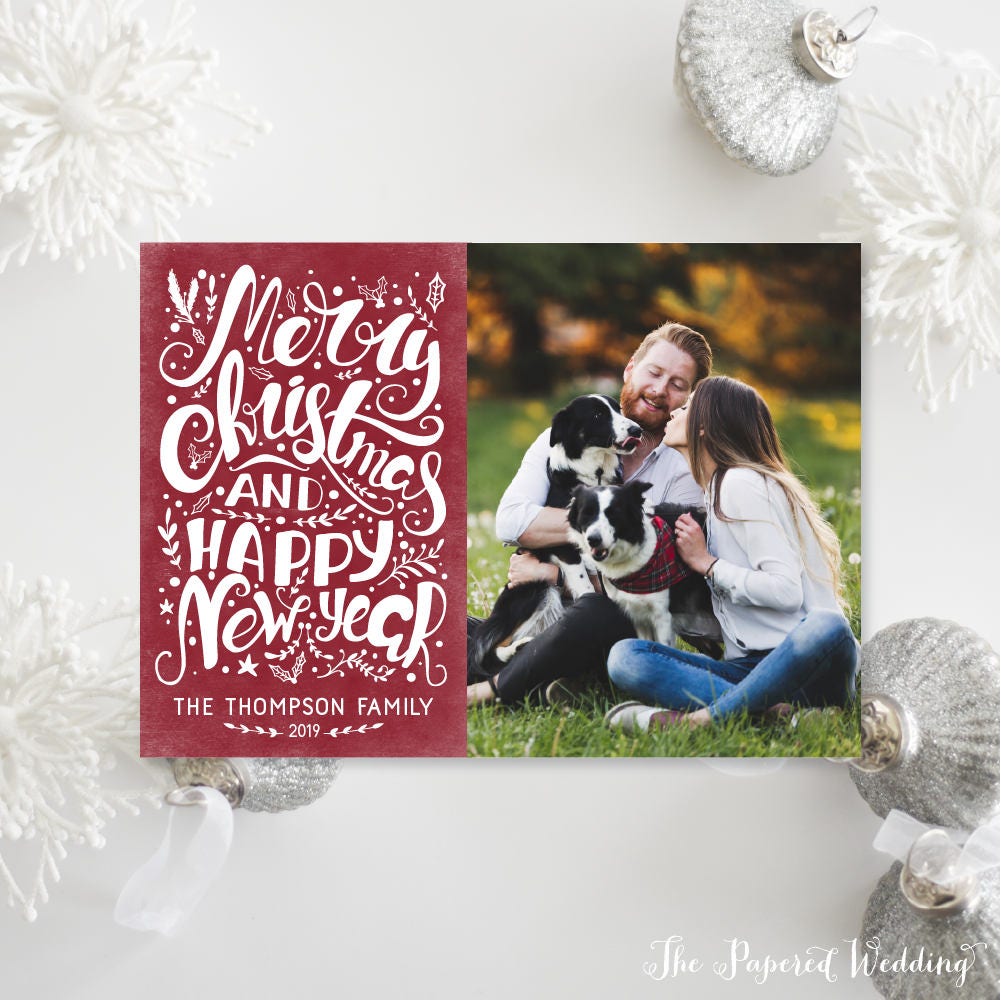Printable Or Printed Photo Christmas Cards - Merry & Happy New Year Red White Holiday 023 P1
