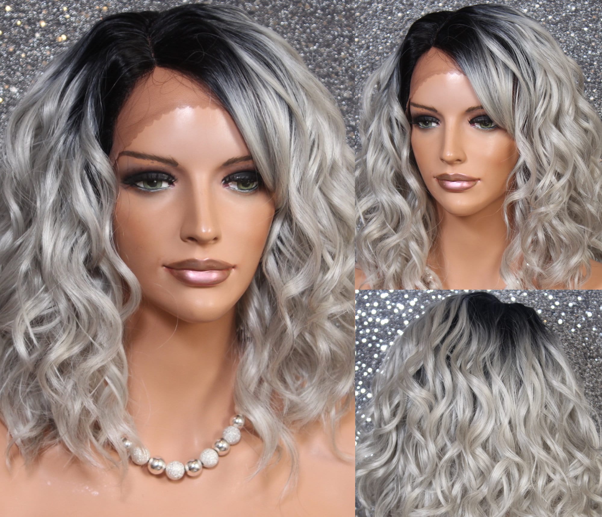 Natural Human Hair Blend Full Lace Front Wig With Side Lace Parting Beautiful Beachy Wavy Soft Texture Grey Silver Dk Roots