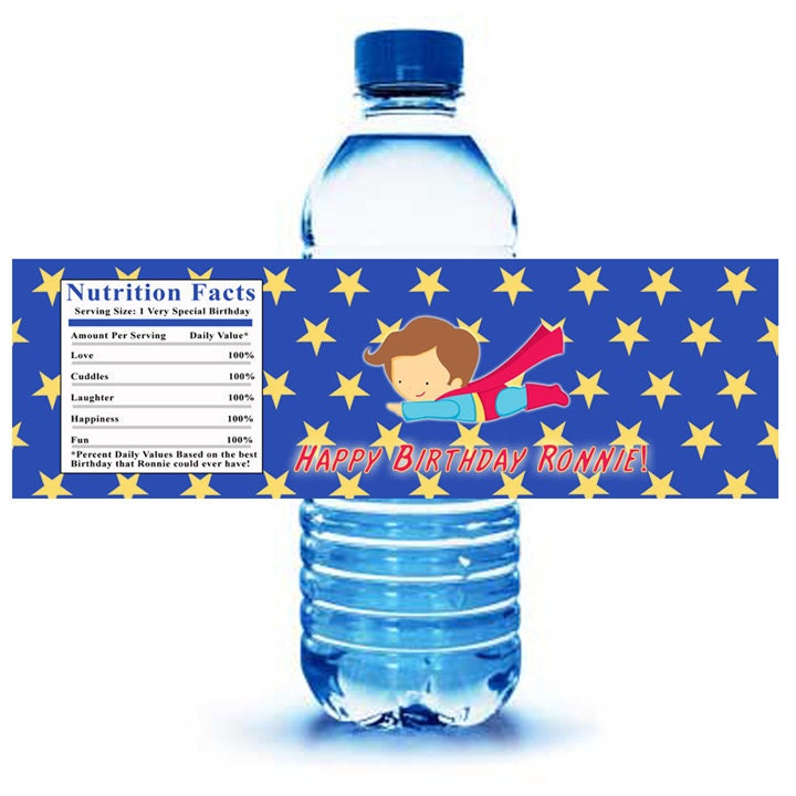 Printable Personalized Super Hero Boy Birthday Water Bottle Labels Wrappers - Party Favors Baby Shower Blue Red Yellow Stars