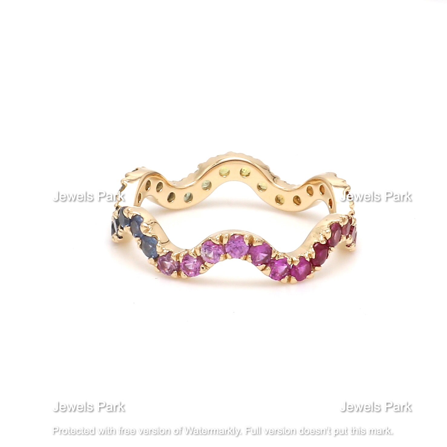 Rainbow Sapphire Eternity Band Ring in 14K 18K Gold, Natural Multi Pink Wave Colourful Ombre Rainbow Gold