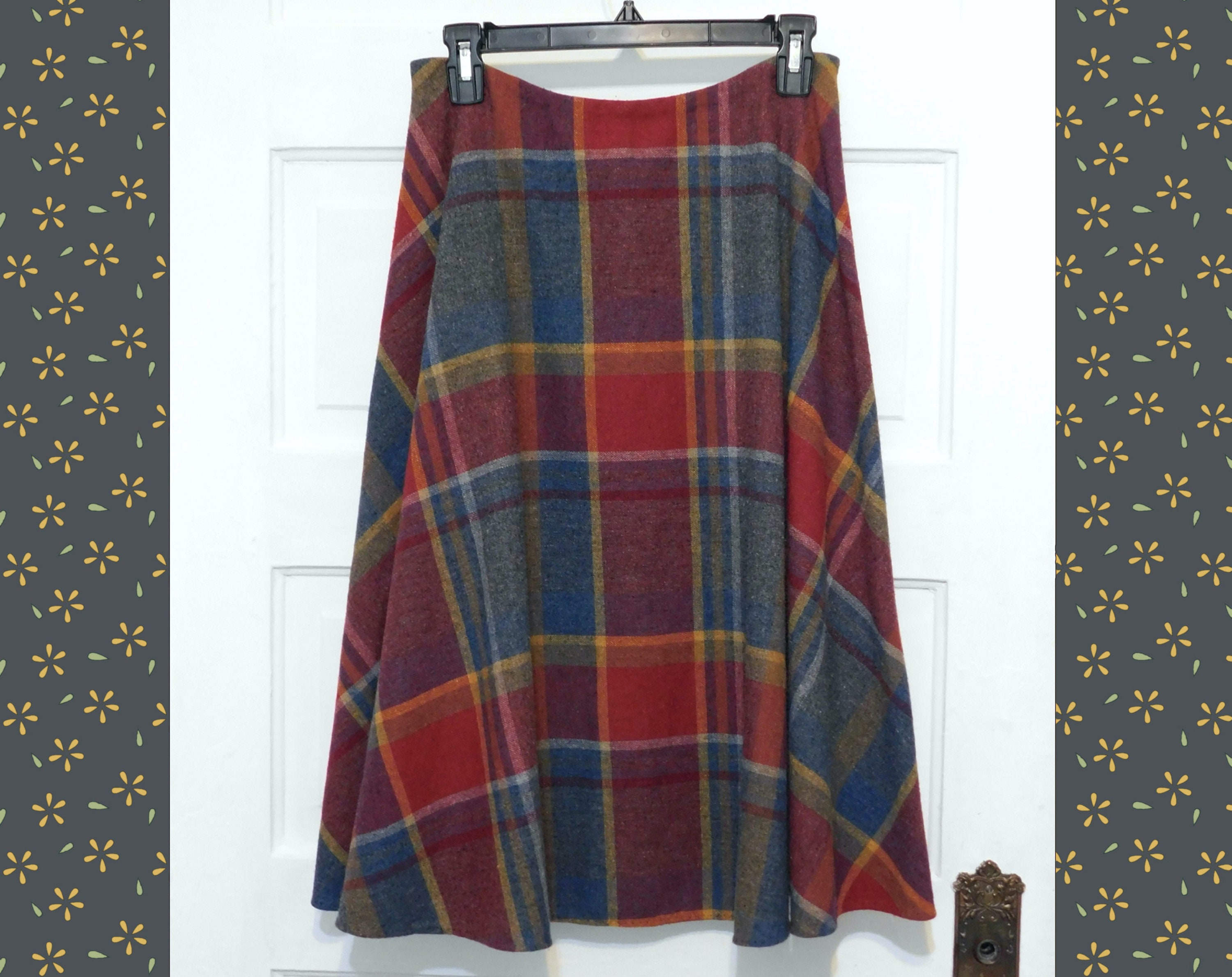 1970S Rainbow Plaid Wool Blend Multicolor Midi Skirt -High Waist 14.5/Length-27"