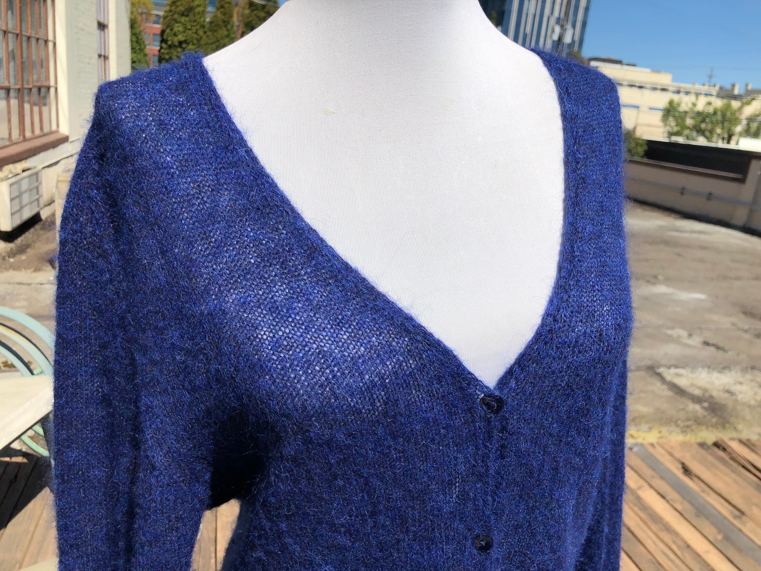 Alpaca Mohair Wool Blend Dark Sapphire Blue Sheer Open Thin Knit Button Up Deep V Neck Cardigan Cardi Sweater Sz S M Vintage Made in Italy