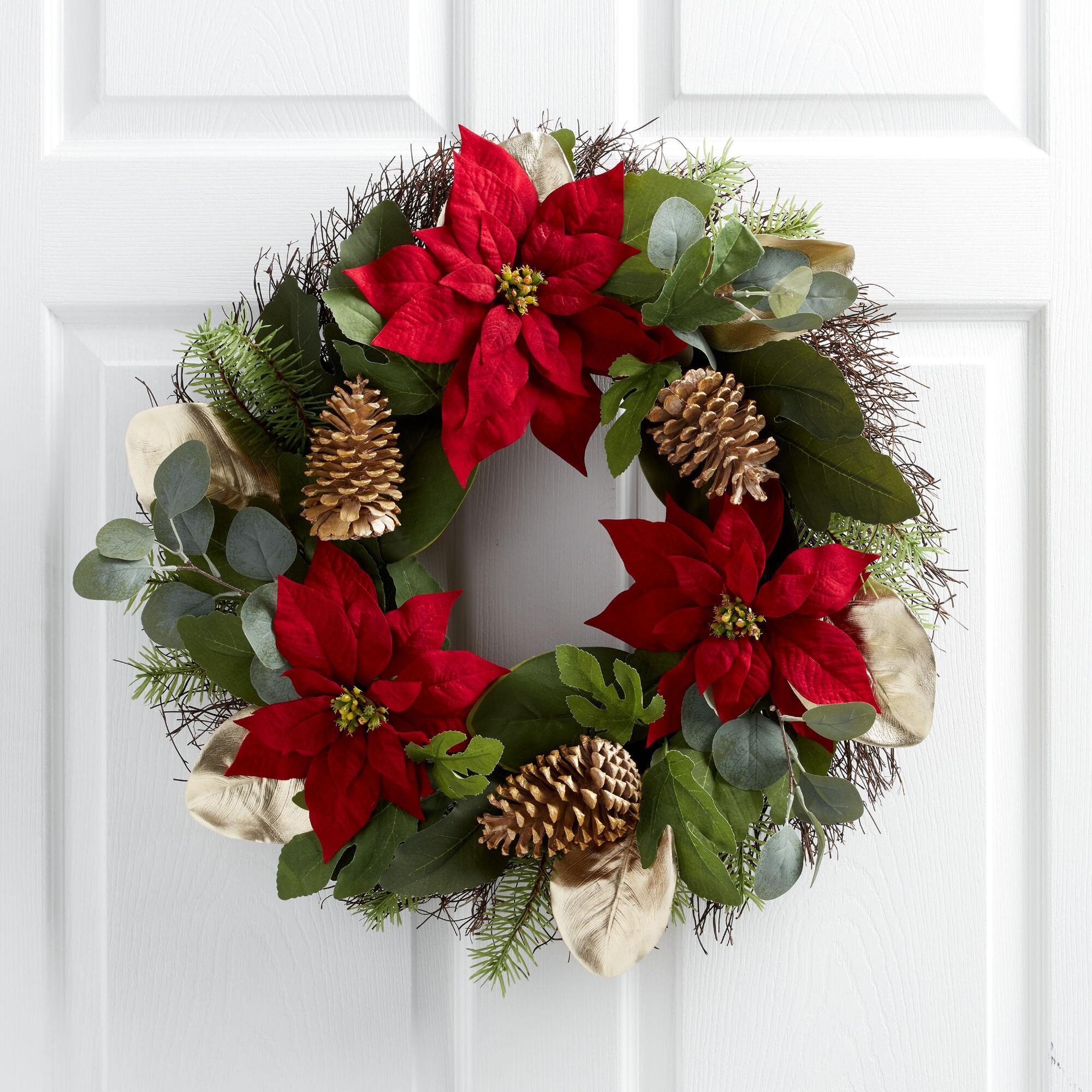 Pier Place Red Faux Poinsettia and Gold Leaf Wreath: Multi - Plastic by World Market