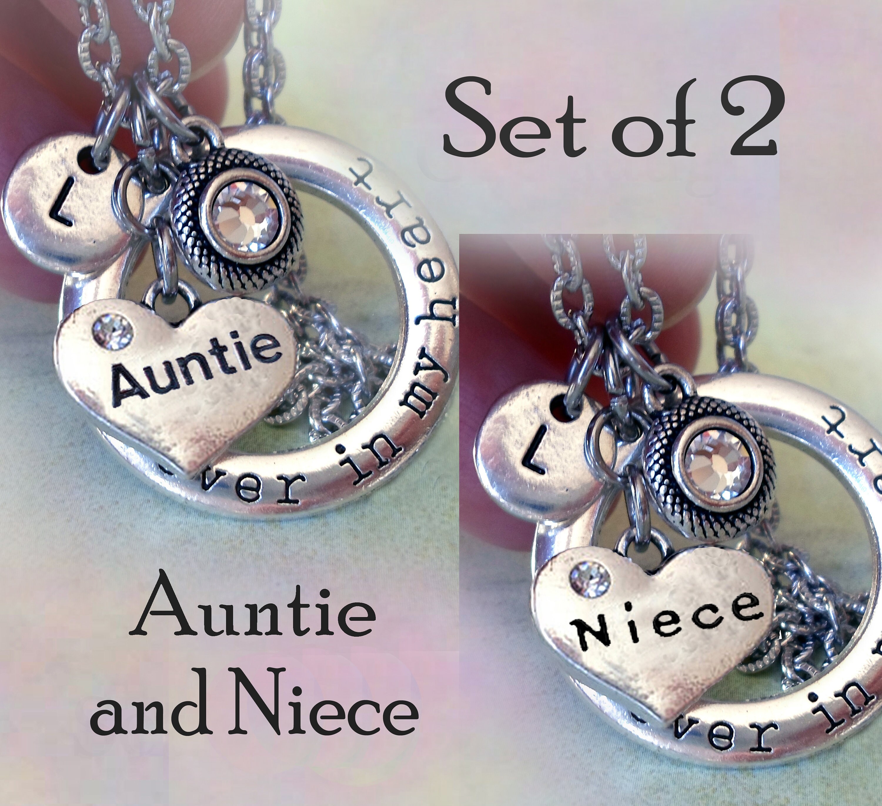 Set Of 2 Auntie & Niece Necklaces, Forever in My Heart W-Letter Charms Your Choice, Aunt Birthday, & Gift
