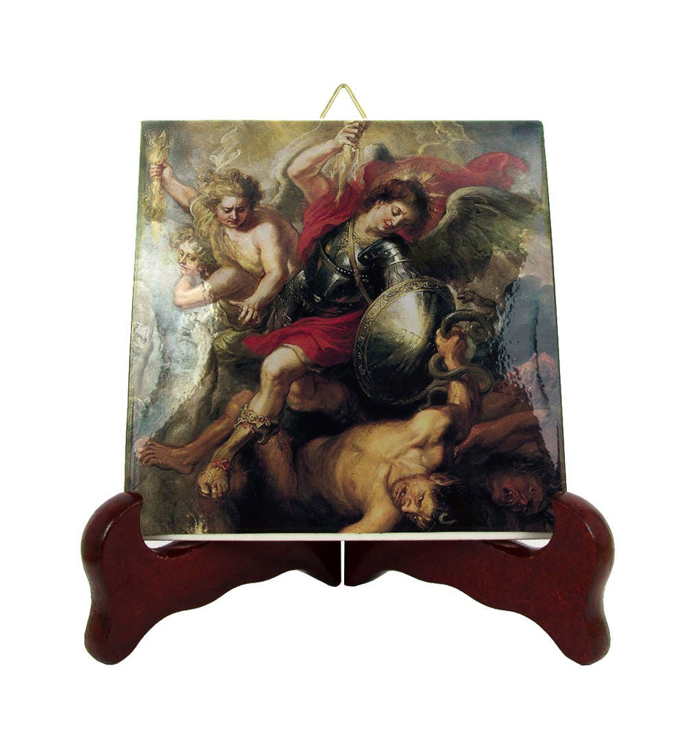 Catholic Art - Saint Michael The Archangel St Icon On Ceramic Tile Handmade in Italy From A Religious Painting By Rubens