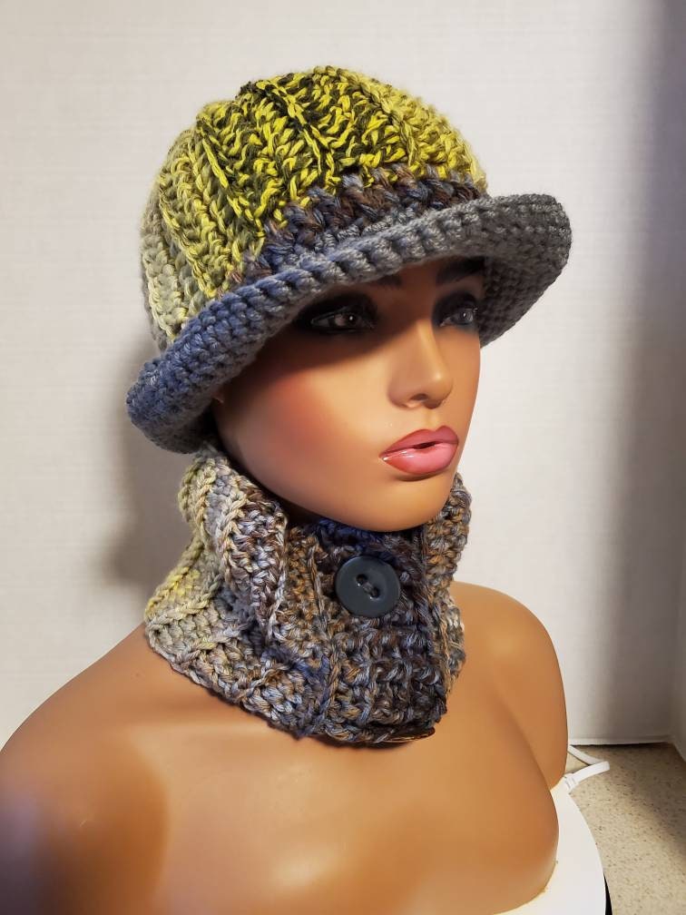 Gray & Yellow Blend Hat Neckwarmer Set - Cowl, Cap, Crochet Hat Set Handmade Cap Scarf Custom Colors