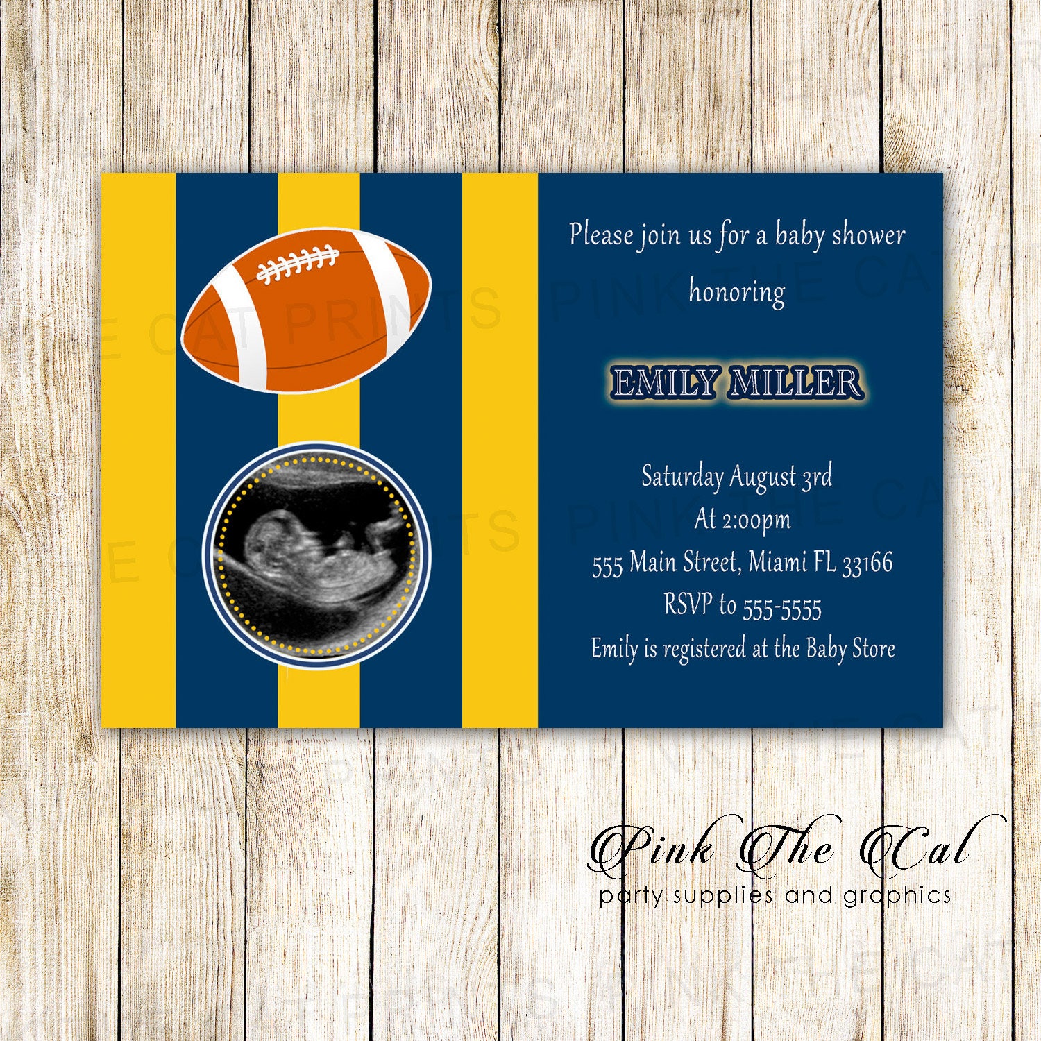 Football Baby Shower Invitation, American Invitation With Sonogram Photo, Personalized Sports Blue Yellow