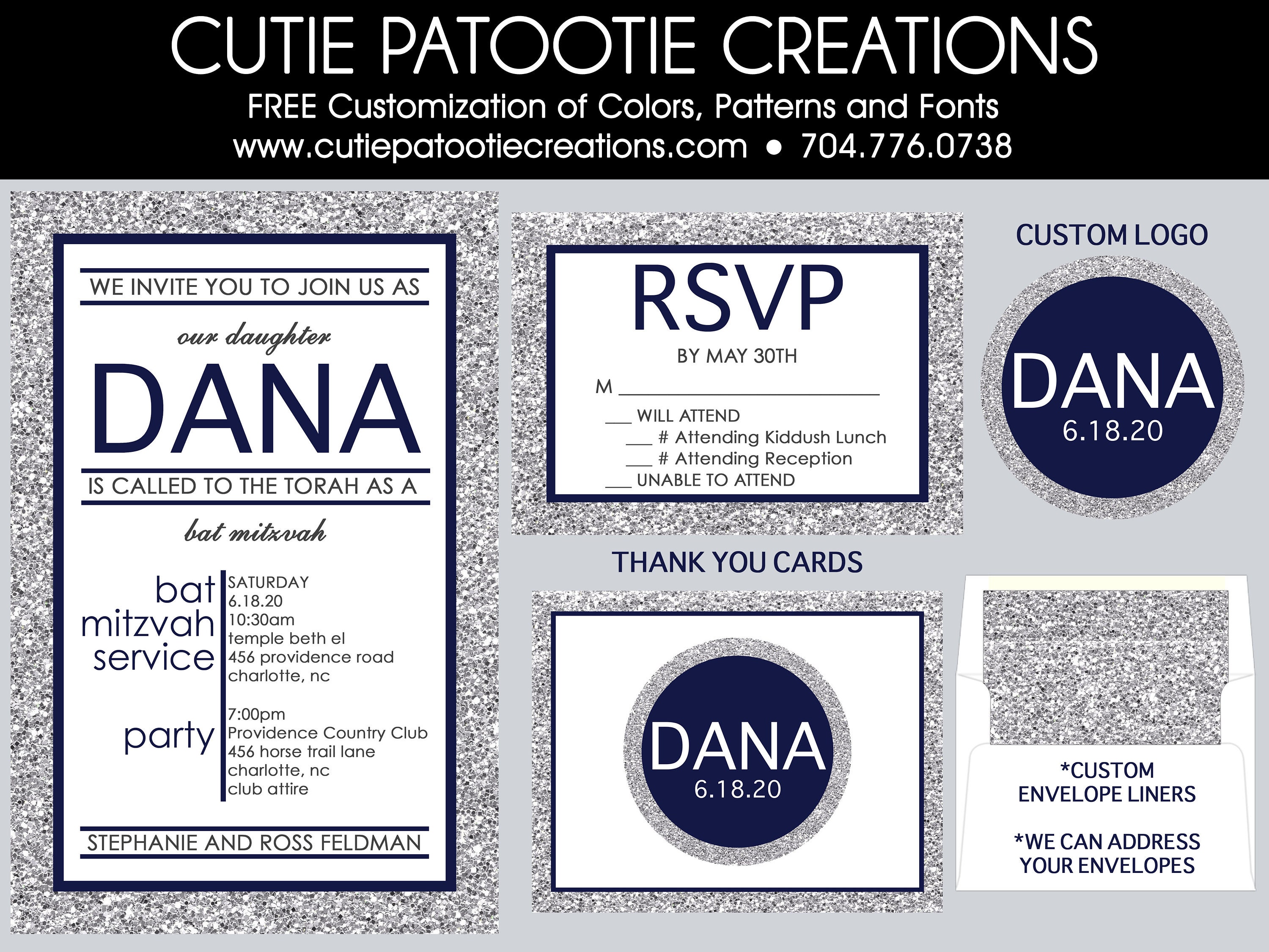 Navy Blue, Silver & White Bat Mitzvah Invitations With Faux Glitter - Matching Rsvp Cards Thank You Notes Hotel Card Logo