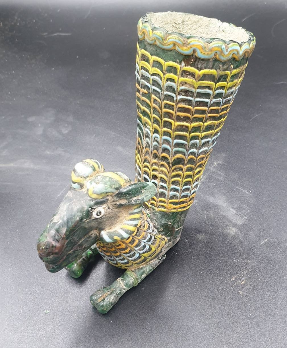 Ancient Roman Feather Mosaic Green Glass Ram Head Circa 2nd-3rd Perfume Vase