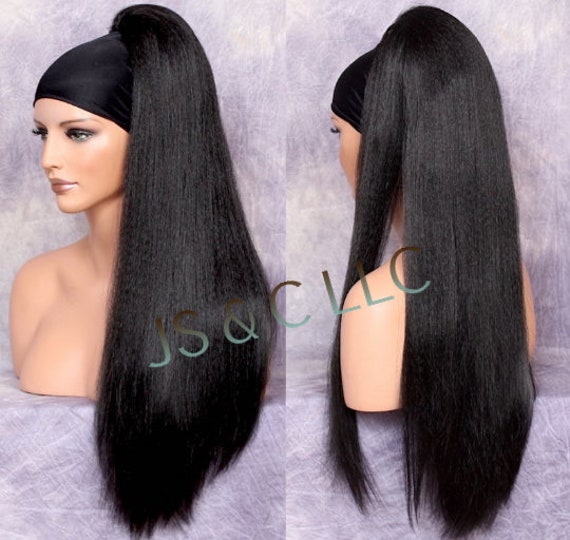 28 Black Human Hair Blend Textured Straight Ponytail Hair Piece Extension Heat Ok Drawstring Cancer Theater Alopecia Cosplay