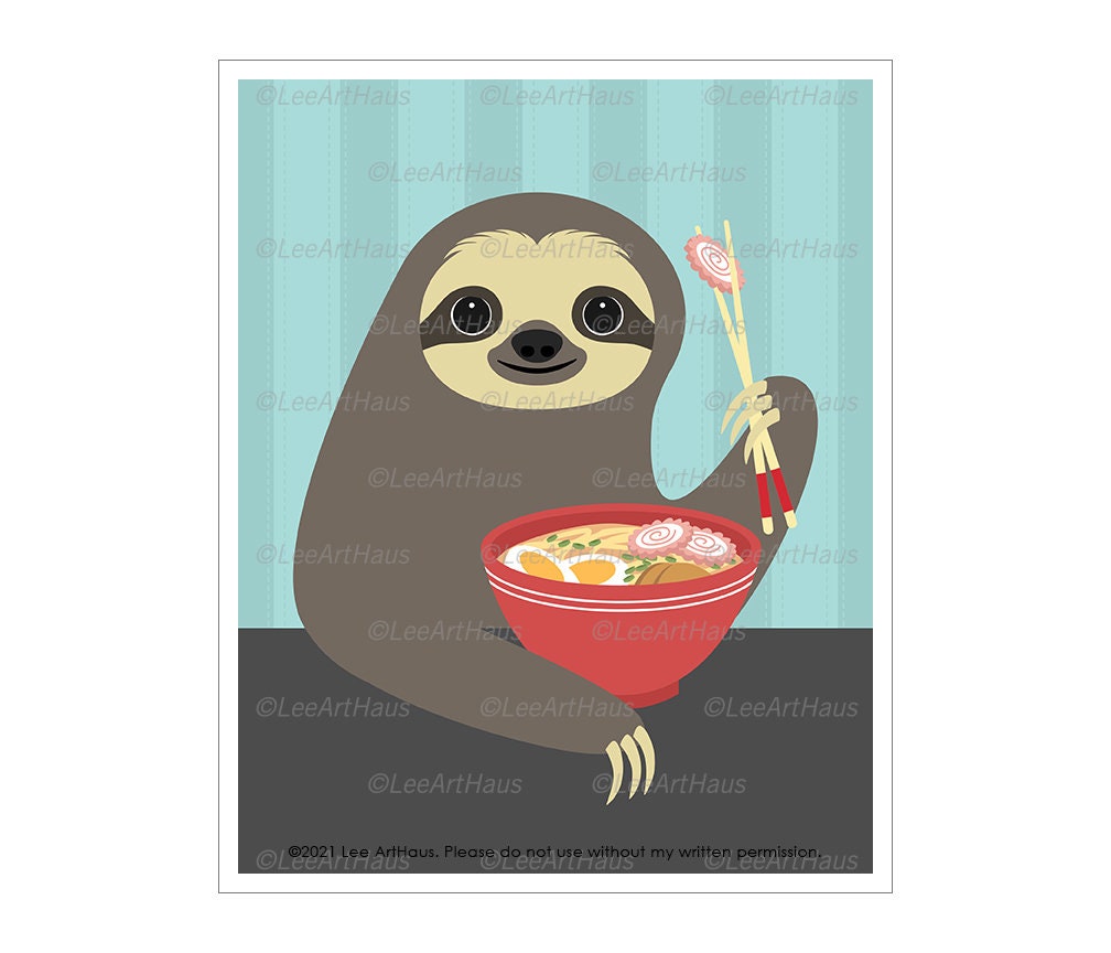 63J Sloth Drawing - Eating Ramen Wall Art Bowl Print Noodle Japanese Food Lover For Kitchen