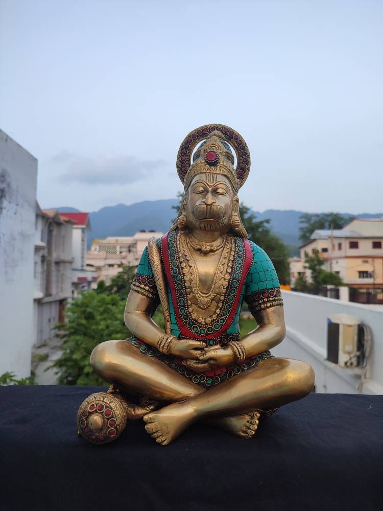 Hanuman Statue - 12 Inch Brass Bajrangbali Lord Rama Bhakt Sculpture For Altar & Home Decor Meditation in Dhyan Mudra