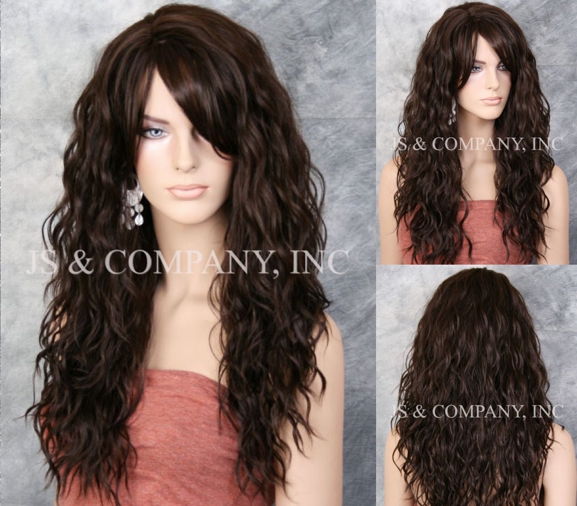 Dark Brown Human Hair Blend Wig With Water Waves Full Bangs Off Center Parting Perfect Wig Cancer Alopecia Theater Cosplay Drag