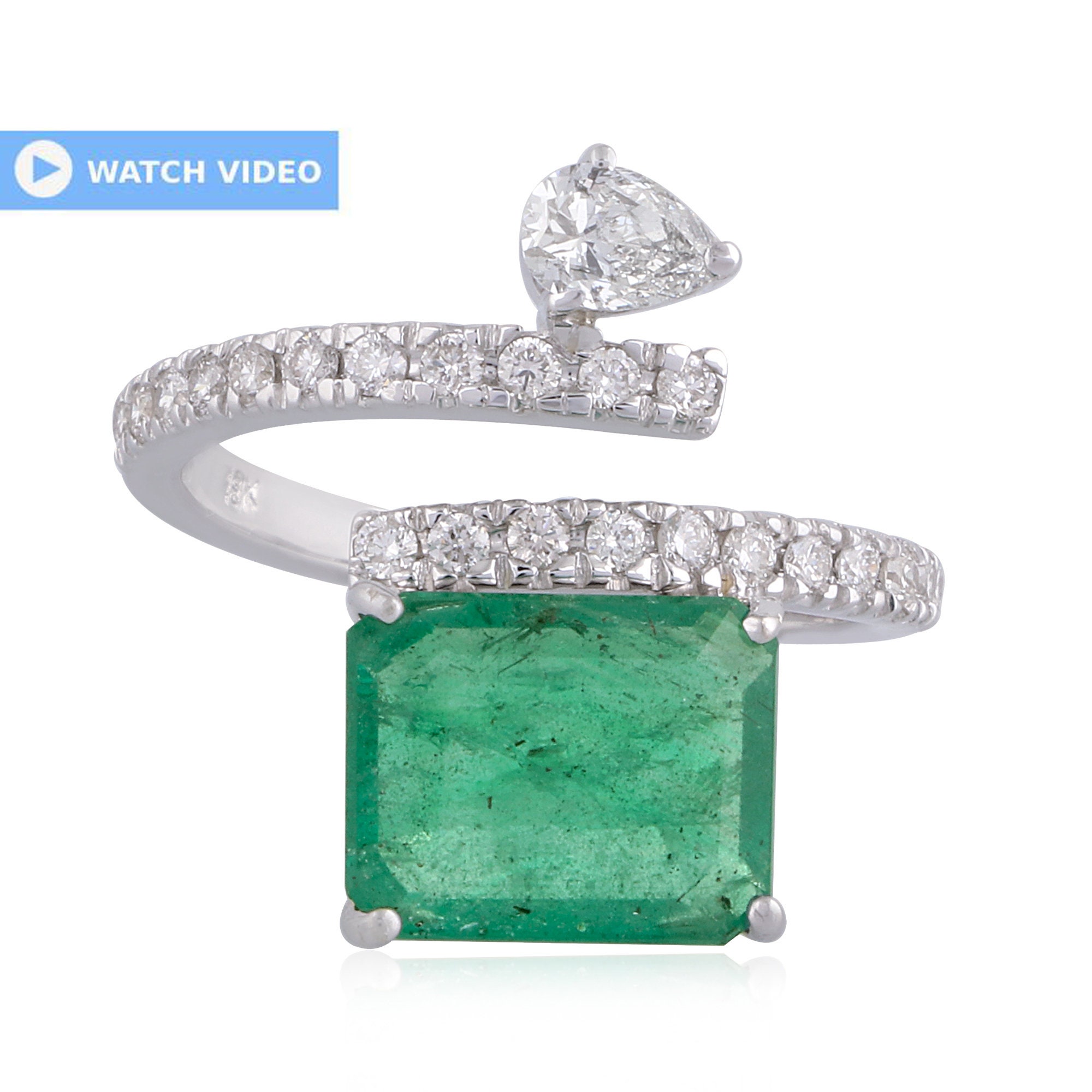 New Emerald & Pave Diamond Ring/Cuff 18K Gold Genuine Pear Shape Open Design