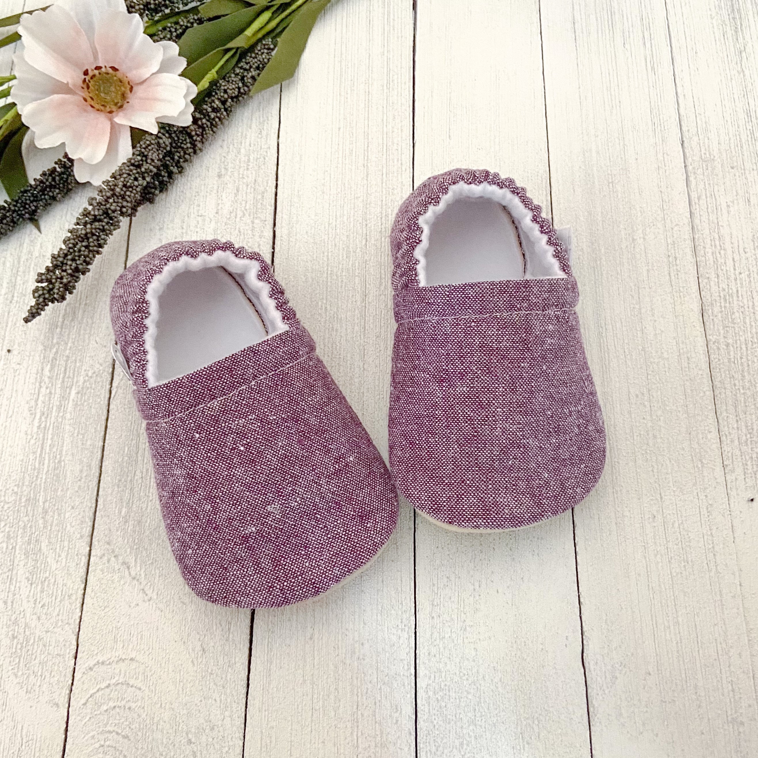 Plum Linen Blend Baby Booties, Slippers, Crib Shoes, Soft Sole, Moccasins, Shoes