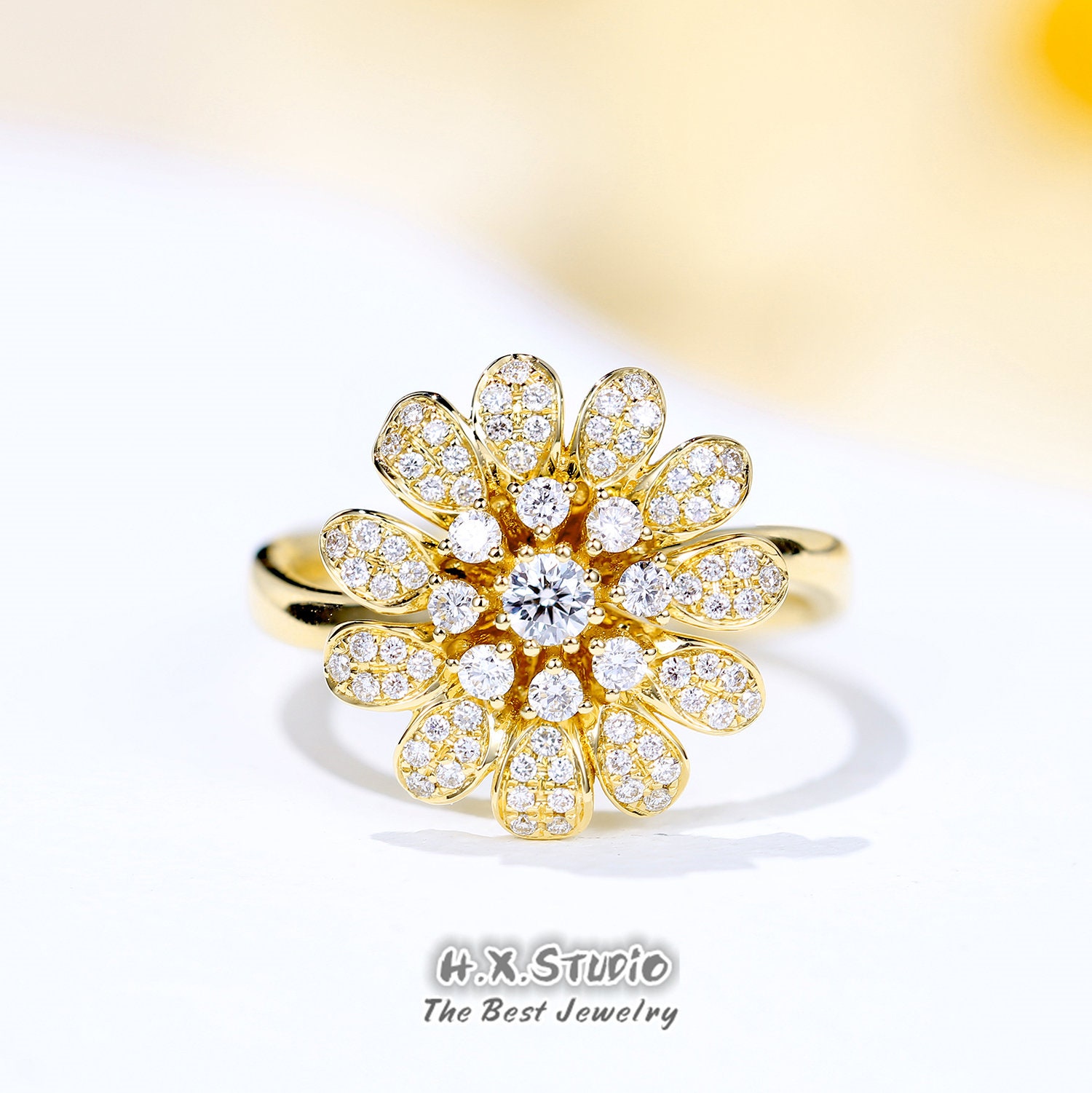 Diamond Daisy Ring in Solid 18K Gold/Flower Statement Custom Jewelry Personalization Design Gift For Her Wholesale Available