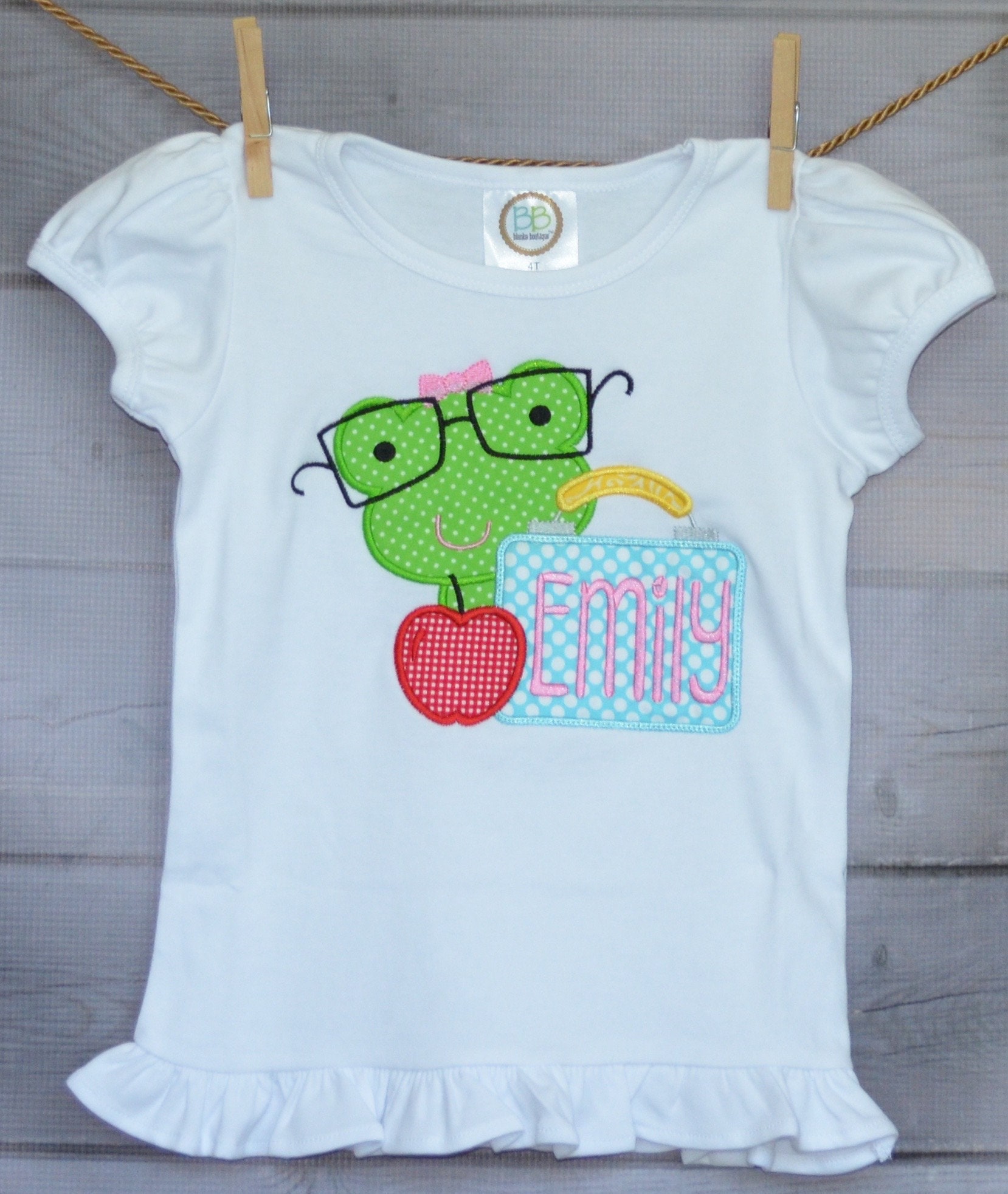 Personalized Frog With Lunchbox & Apple Applique Shirt Or Bodysuit Girl Boy