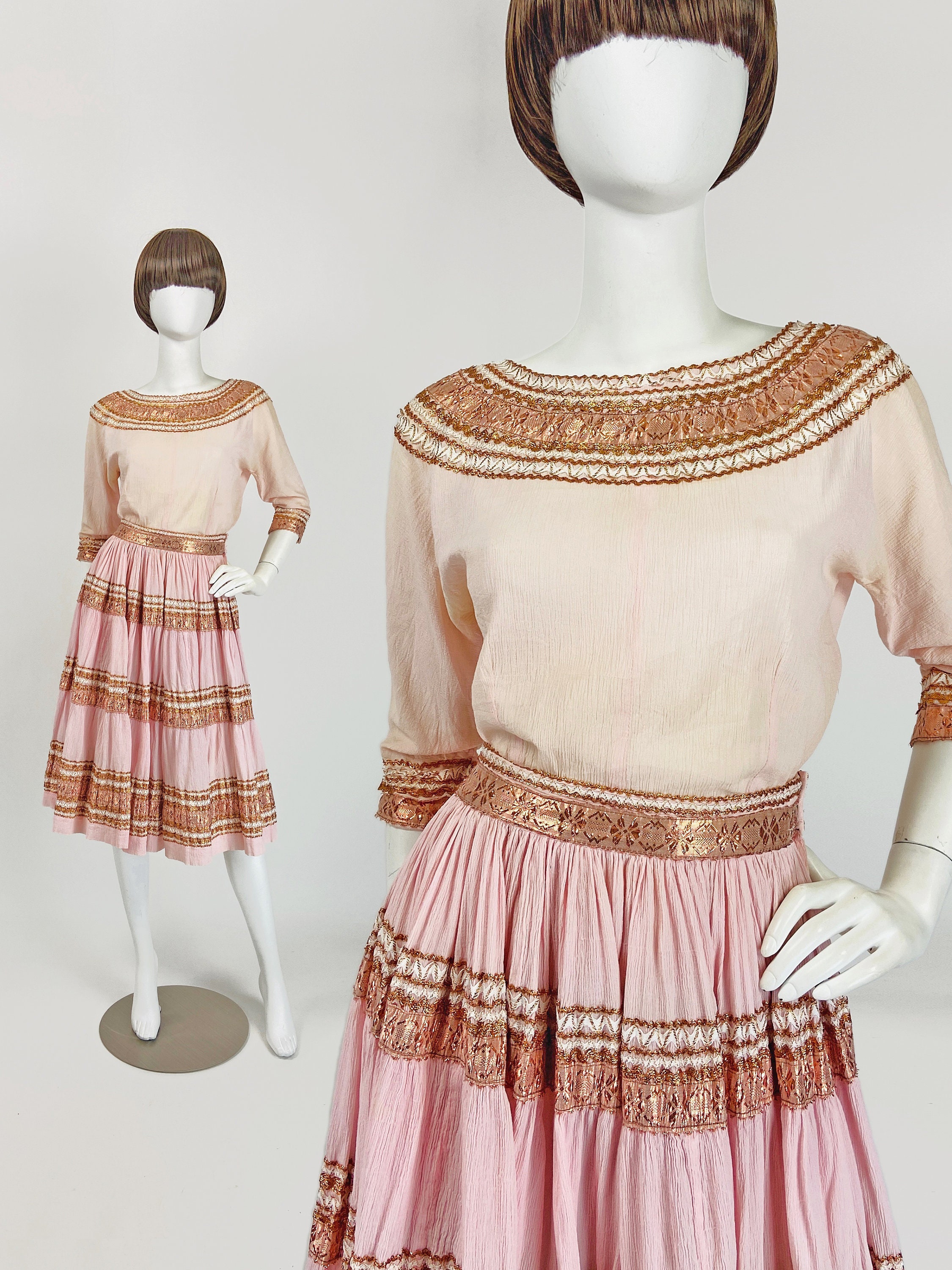 Vintage 50S Skirt Set, Patio Skirt, Rockabilly Clothing, Peasant Embroidered Metallic Top, Xs Small Size 2 4 Us, 6 8 Uk P456