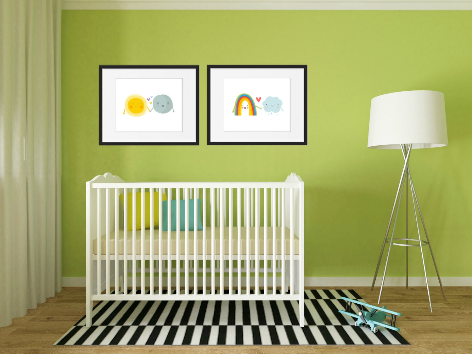 Rainbow Room Decor - Nursery Art Happy Weather Print Kid Bedroom Kids & Cloud Sun Moon Set Of 2