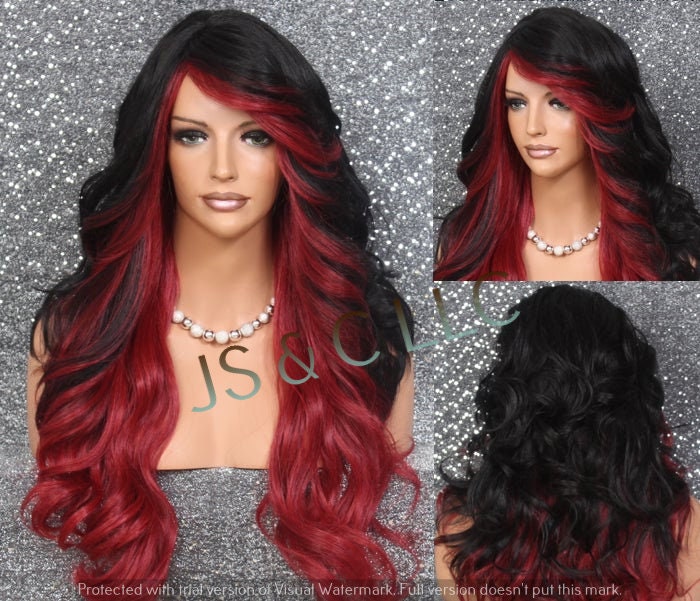 Absolutely Stunning Human Hair Blend Black & Red Goddess Full Wig ... Big Loose Beacht Waves Full Bangs. Layers Of Hair To Play With