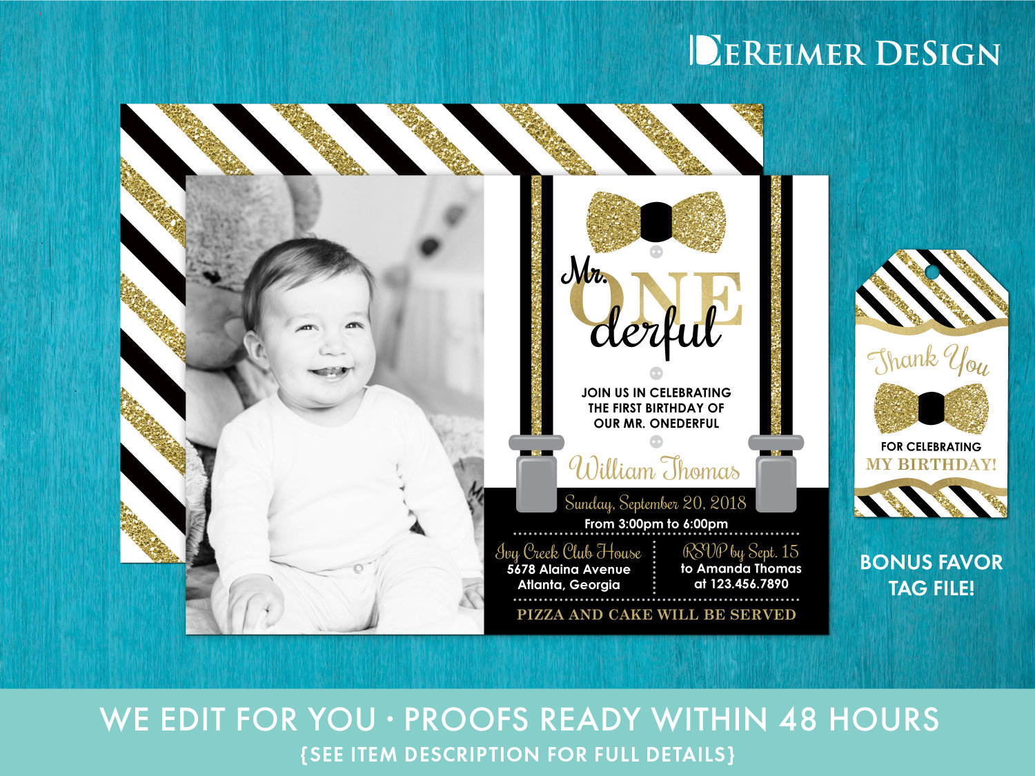 Mr. Onederful First Birthday Party Invitation With Photo, Bow Tie, Little Man, Black & Gold, Bonus Favor Tag File B01