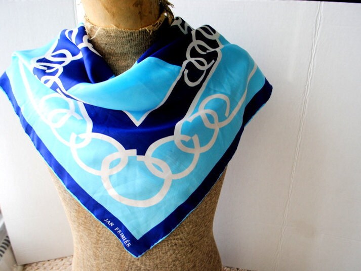 Mod Vintage 60S, Blue , Silk Blend Square Scarf With A Geometric Design. Made By Sally Gee For Jan Frimier