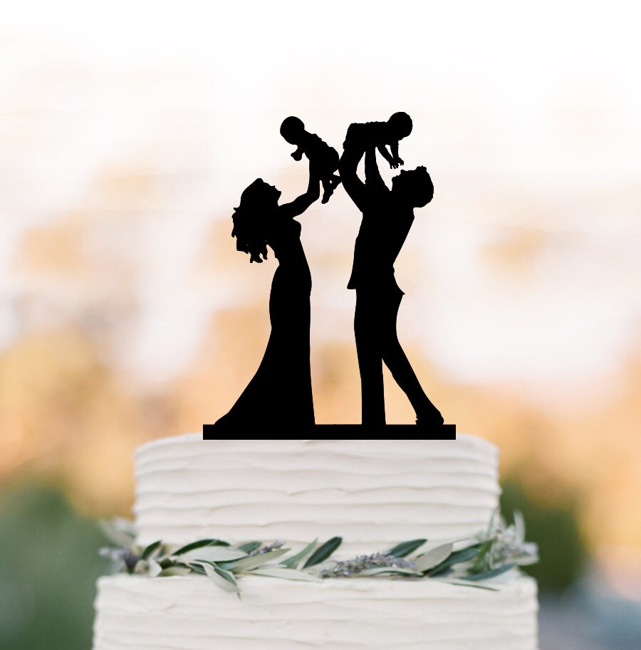 Family Wedding Cake Topper With Twins Baby, Bride & Groom Silhouette Wedding Cake Toppers Boy, Funny Child