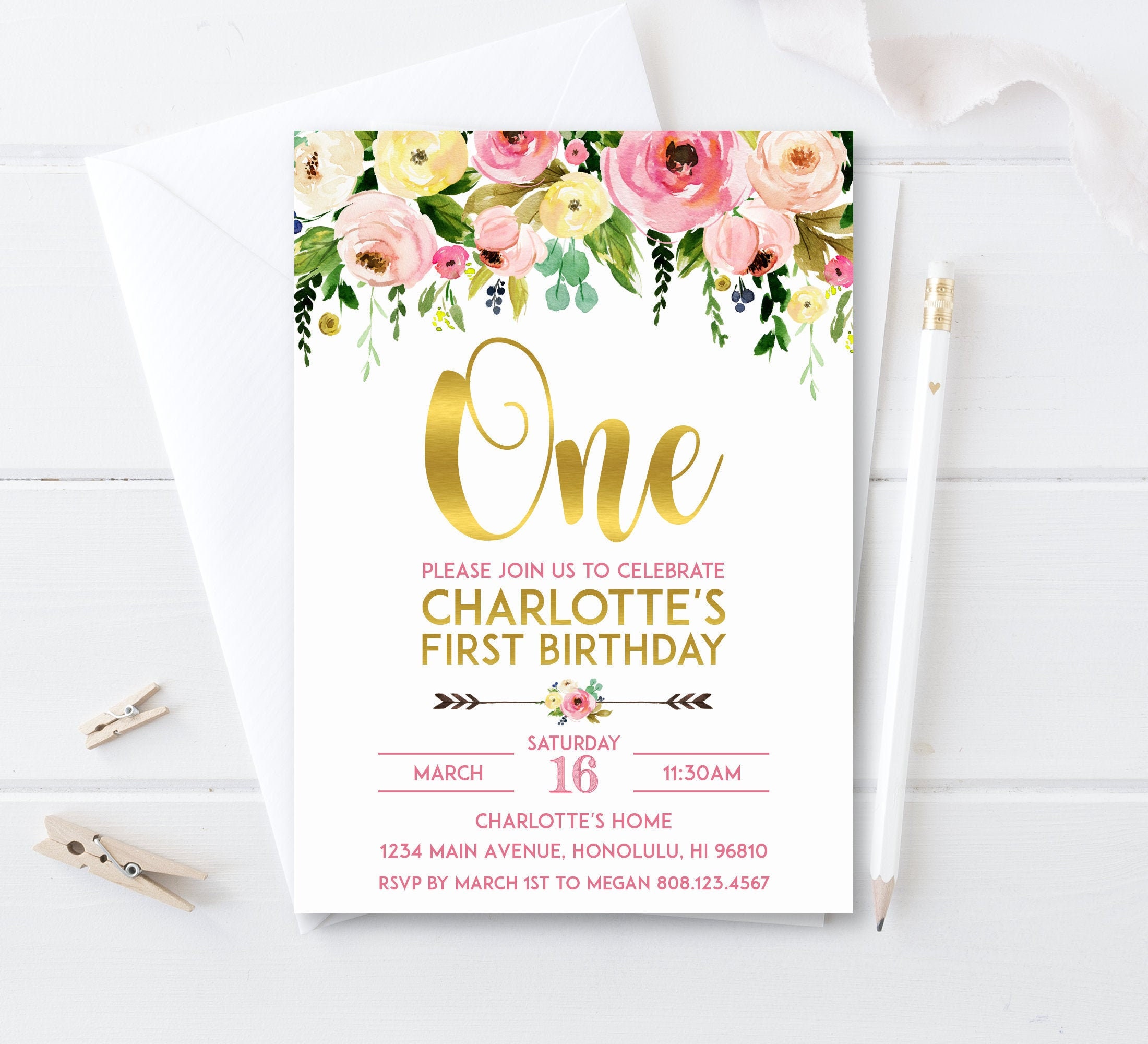 Birthday Invitation First Girl Pink & Gold Garden Floral Boho Personalized Printable A55