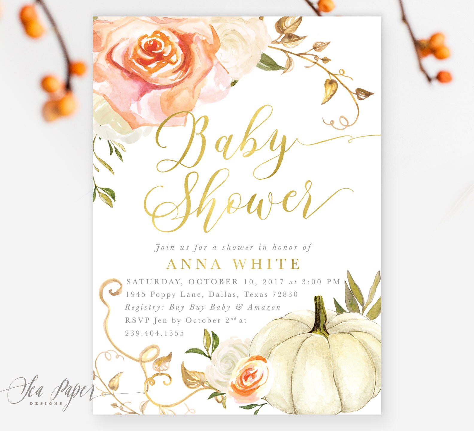 Fall Baby Shower Invitation, Pumpkin Invite, Girl Or Boy, Autumn Harvest Floral Orange White Roses, Printed/Printable -Fall 3