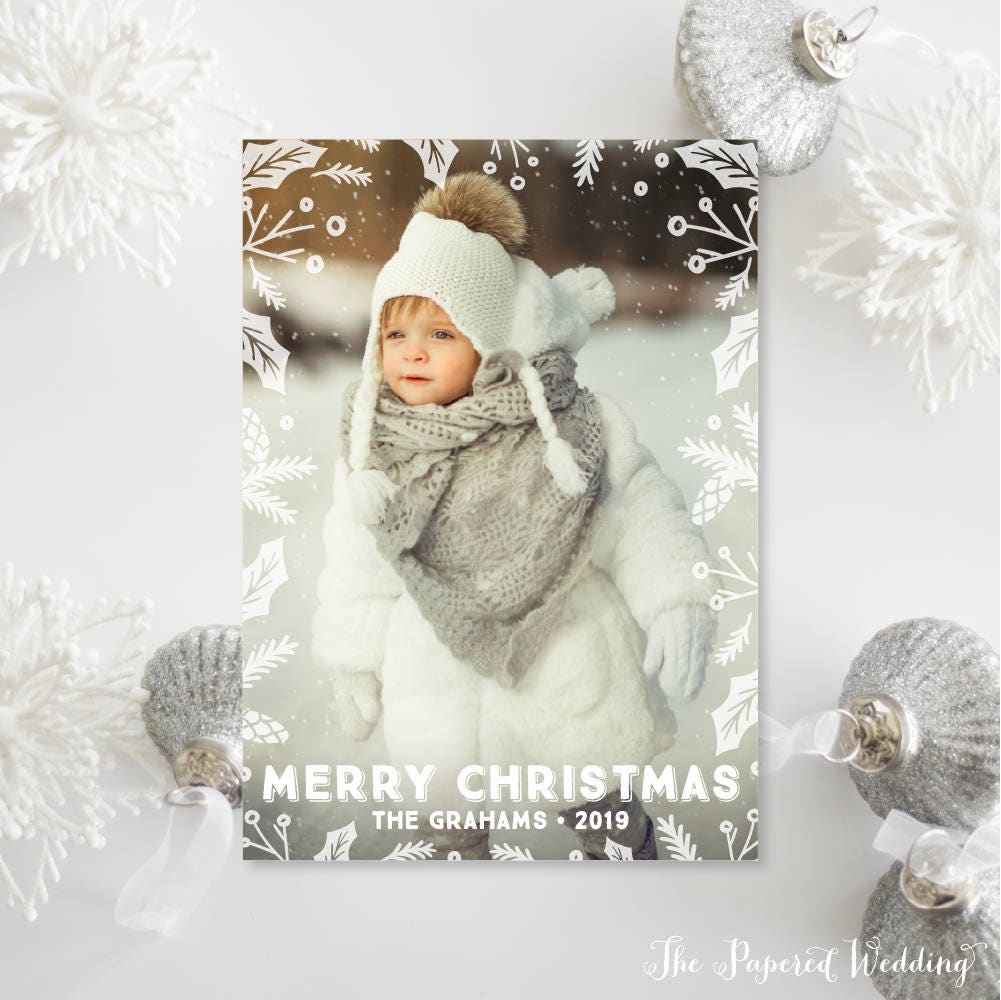 Printable Or Printed Photo Christmas Cards - White Holly & Leaf Holiday Portrait Merry 040 P1
