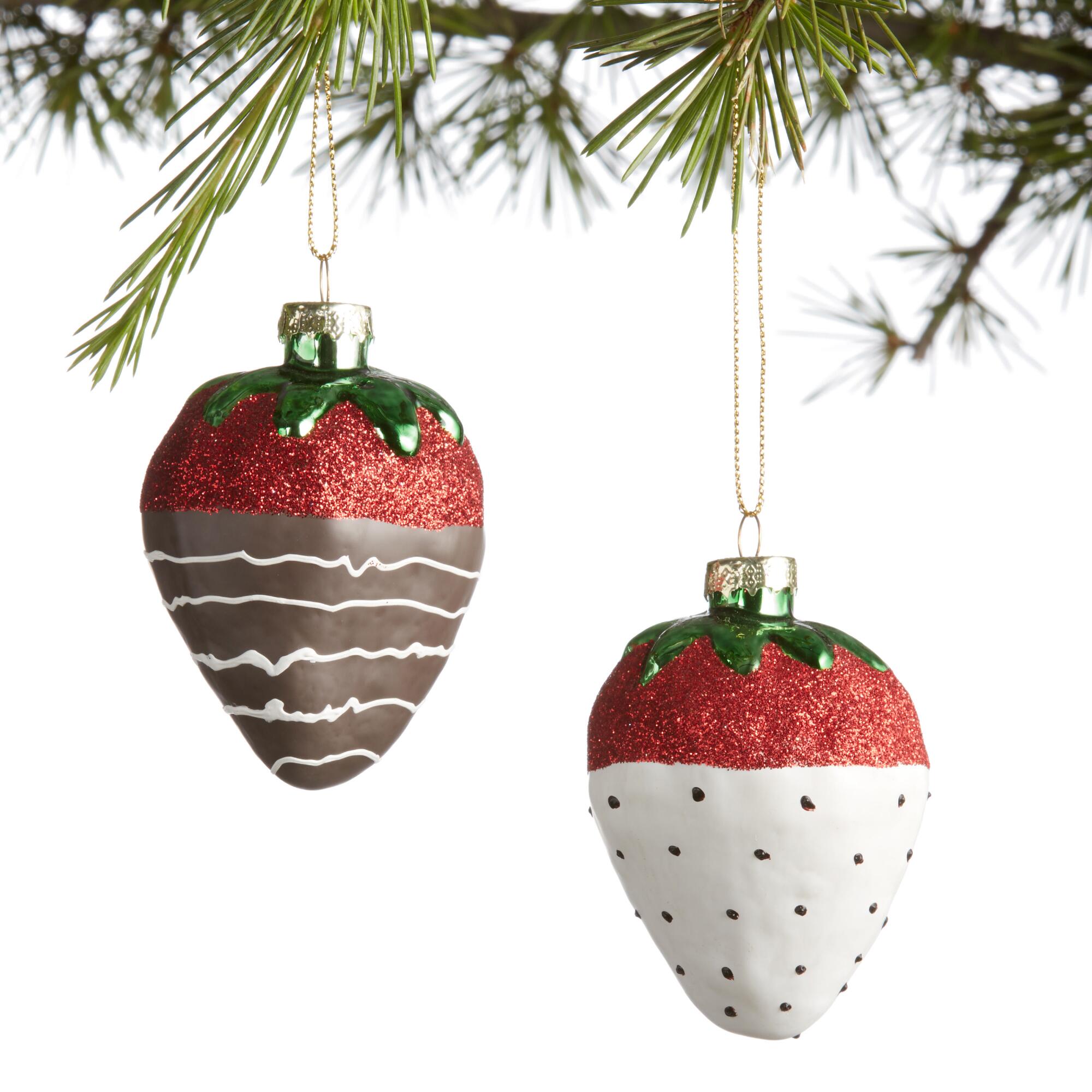 Glass Chocolate Covered Strawberry Ornaments Set of 2: Multi by World Market