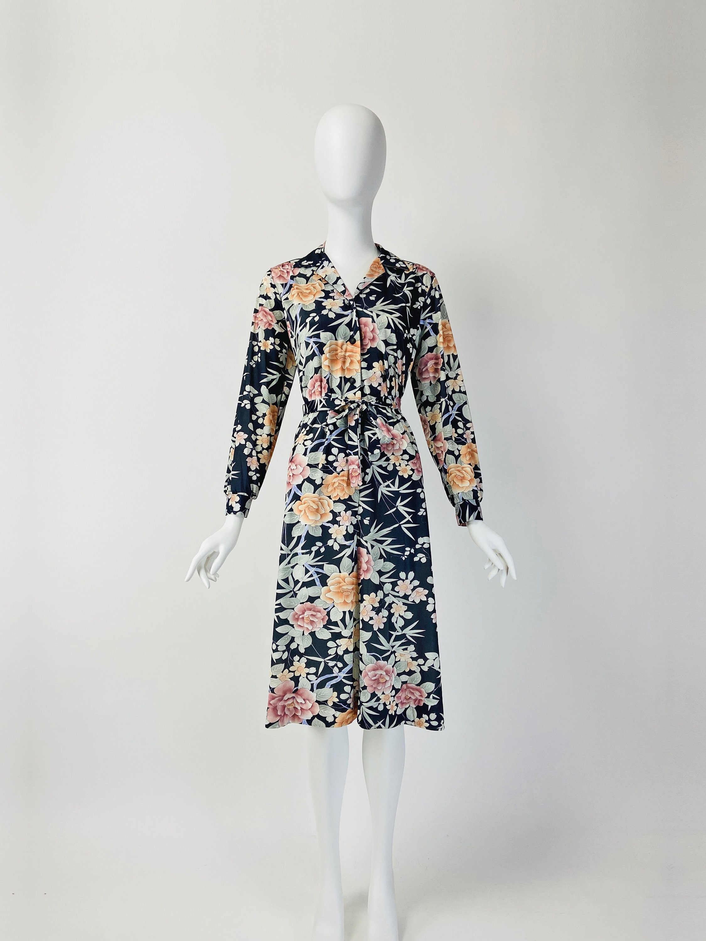 Vintage 70S Secretary Dress, Floral Print 80S Midi Long Sleeve Shirtdress, Medium Large, Size 10 12 Us, 14 16 Uk, W396